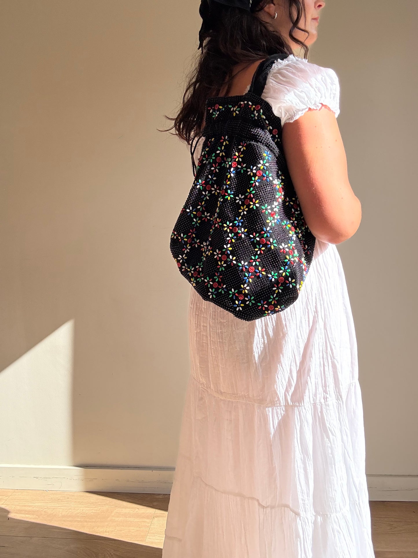 Vintage Beaded Drawstring Tote Bag, O/S