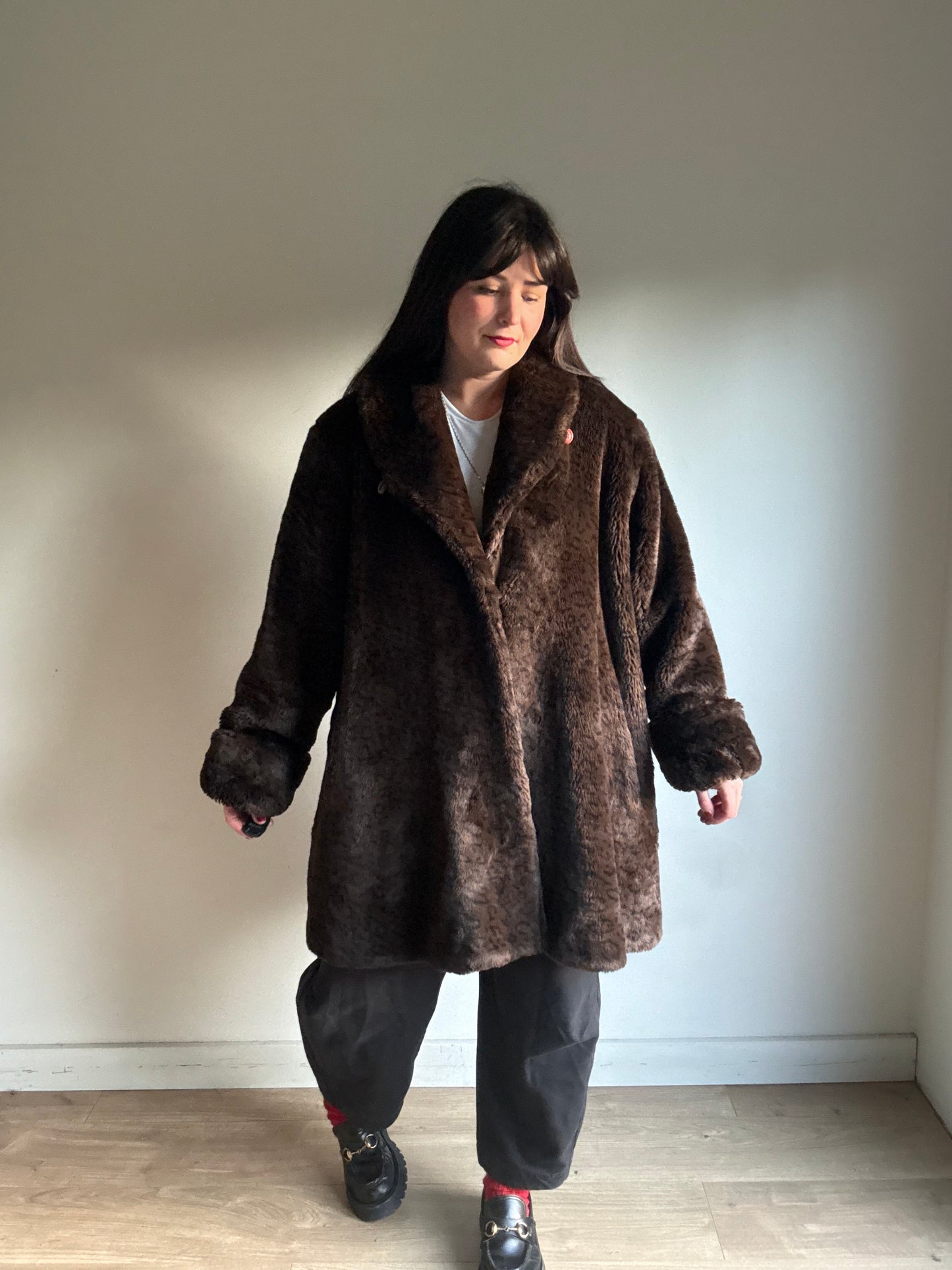 Vintage Leopard Faux Fur Coat, XL