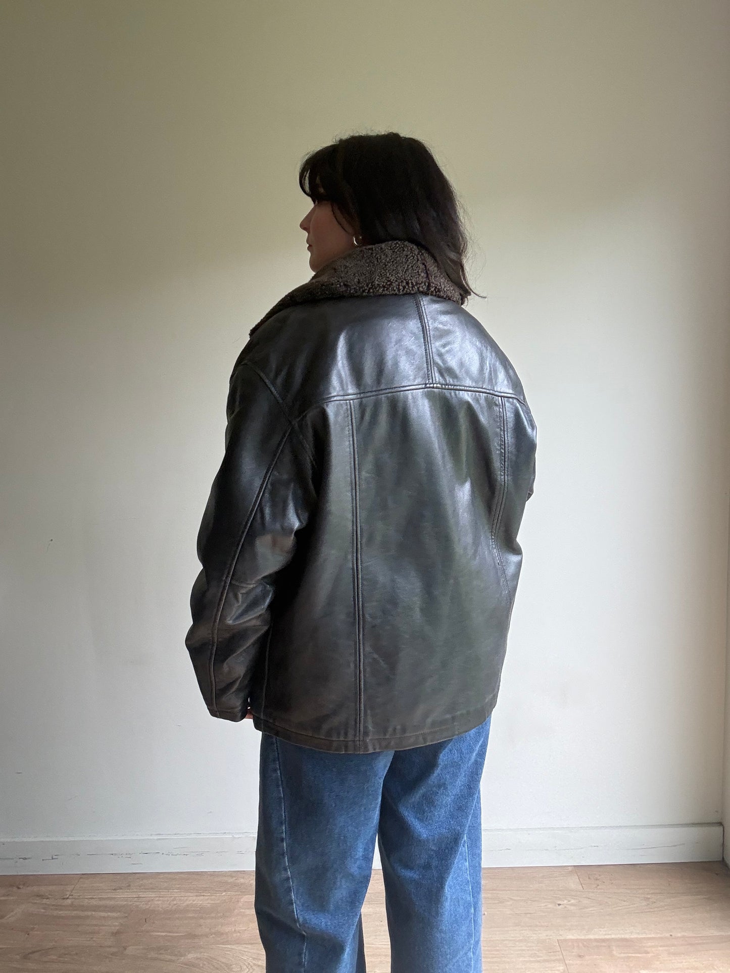 Leather Bomber Jacket with Cosy Collar, L-XL