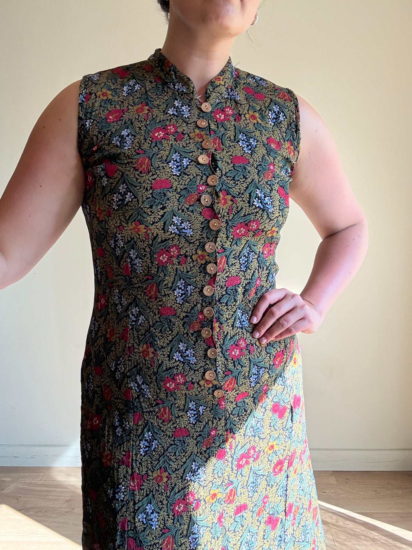 Vintage Floral Button Up Dress, M