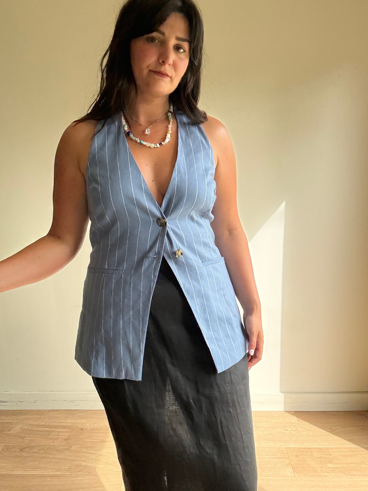 Aligne Pinstripe Halter Linen Waistcoat Top, 12