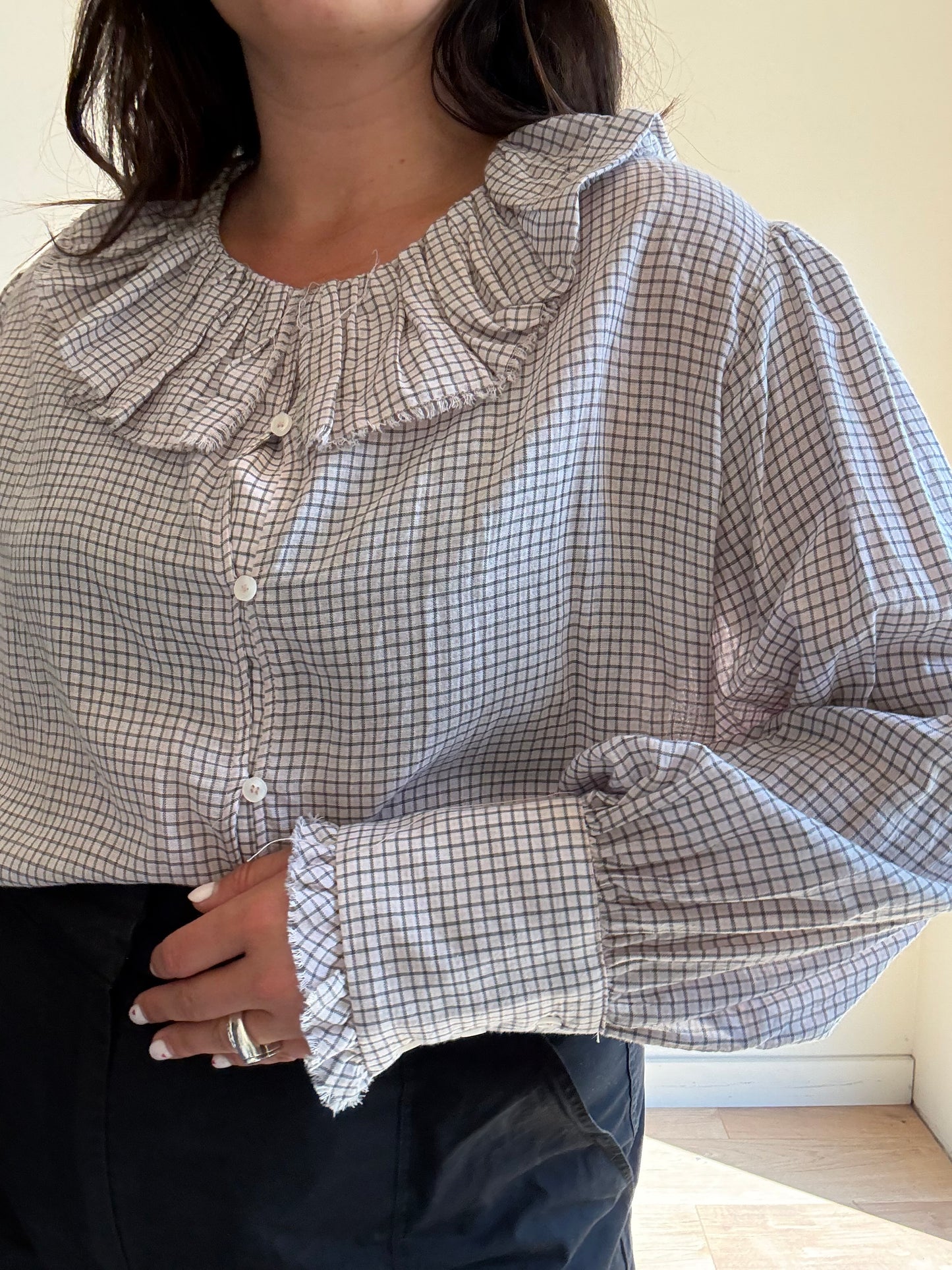 Zara Grid Check Frill Blouse, L