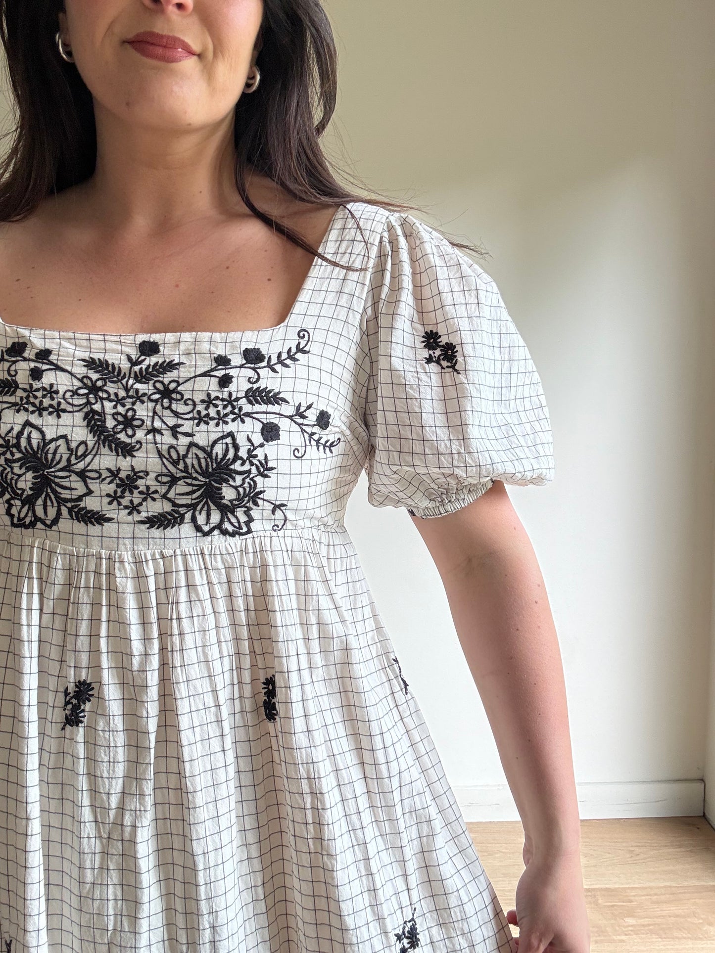 Grid Print Embroidered Dress, 10/12