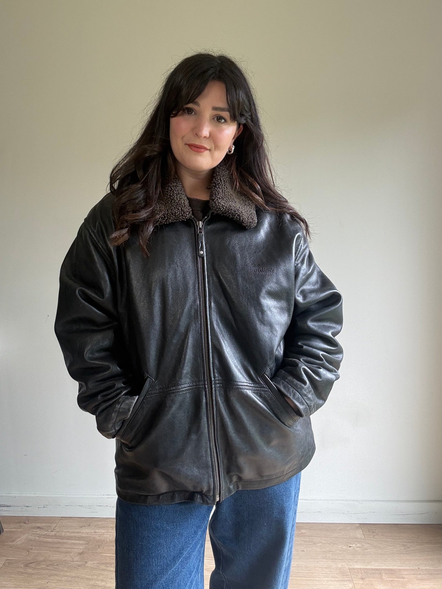 Leather Bomber Jacket with Cosy Collar, L-XL