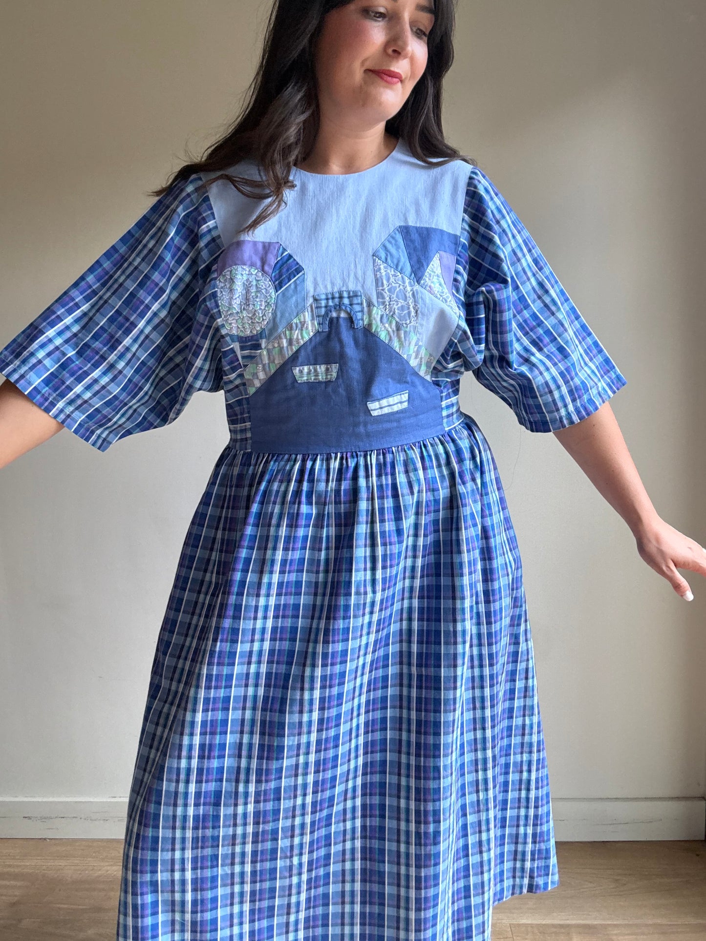 Handmade 70's Check Patch Dress, M