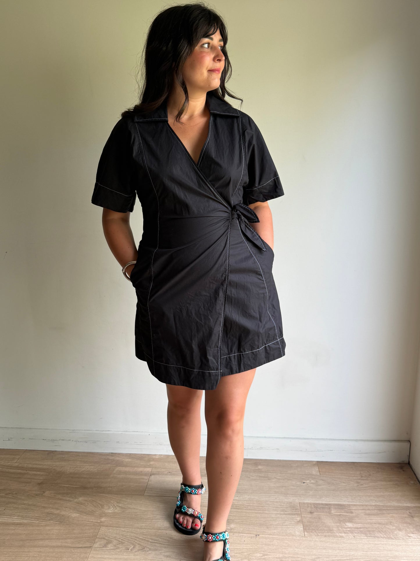 Ganni Contrast Stitch Mini Wrap Dress, 12-14