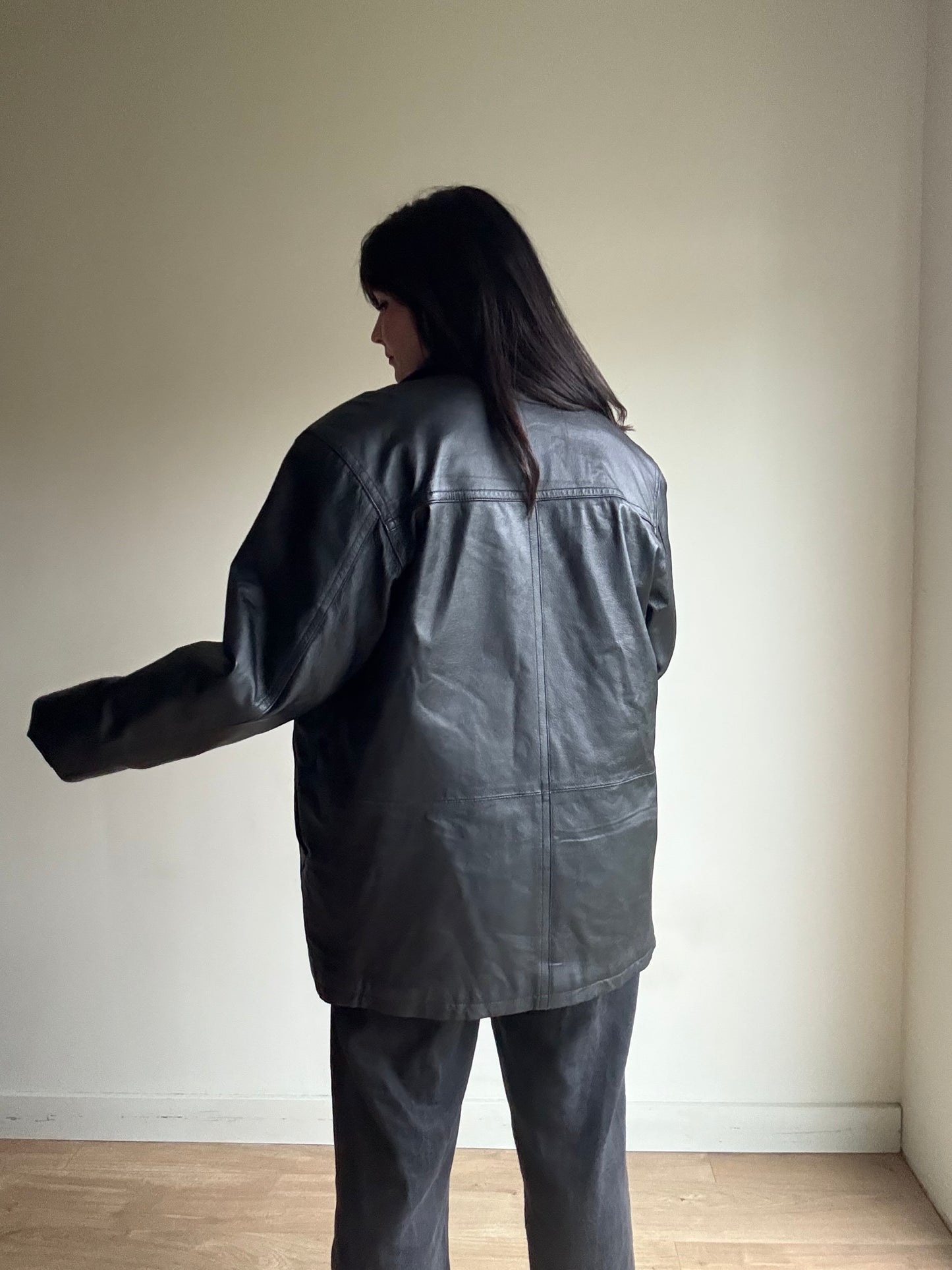 Vintage Leather Longline Padded Jacket, S-M