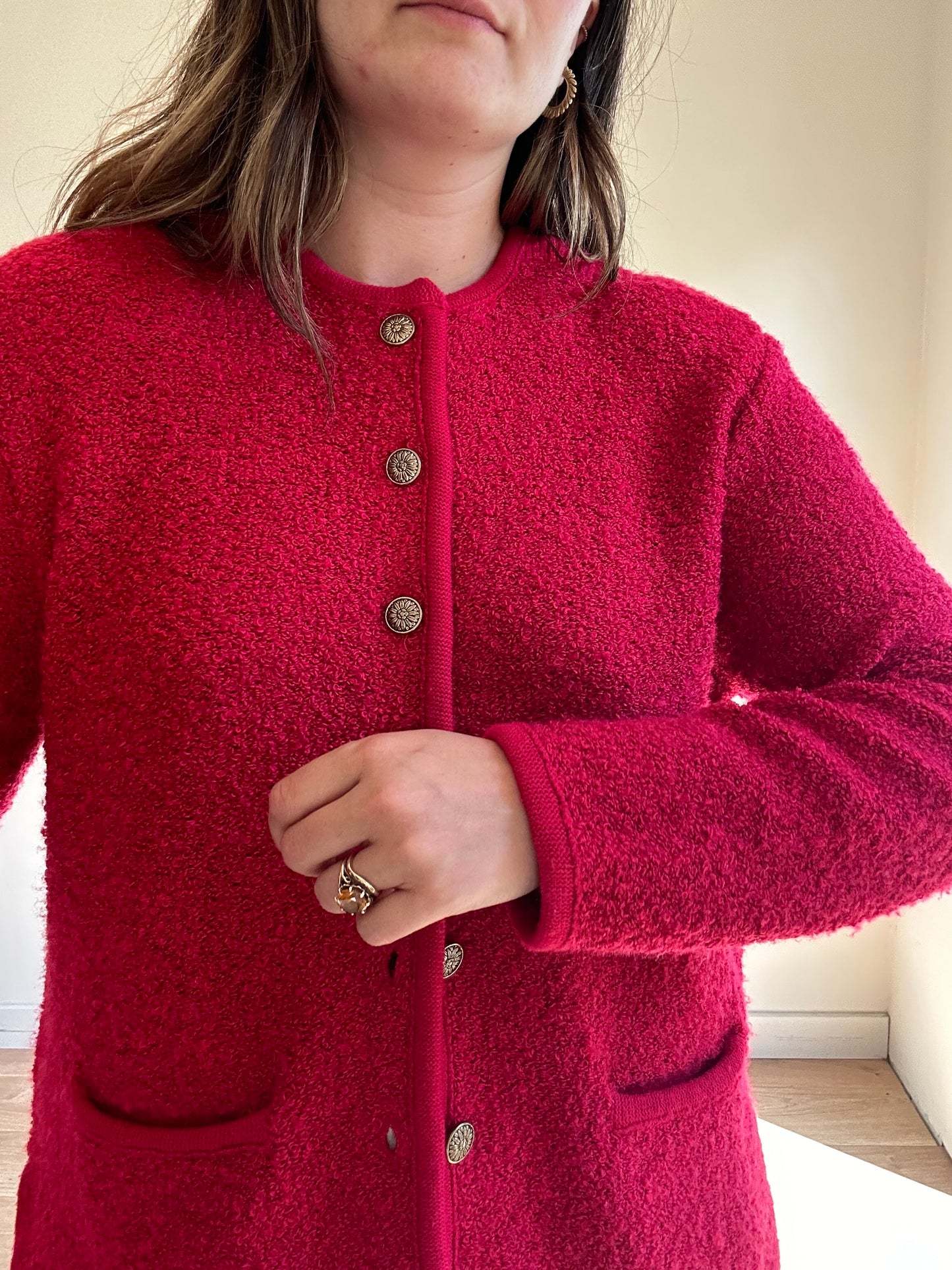 Vintage Red Boucle Cardigan - Size L