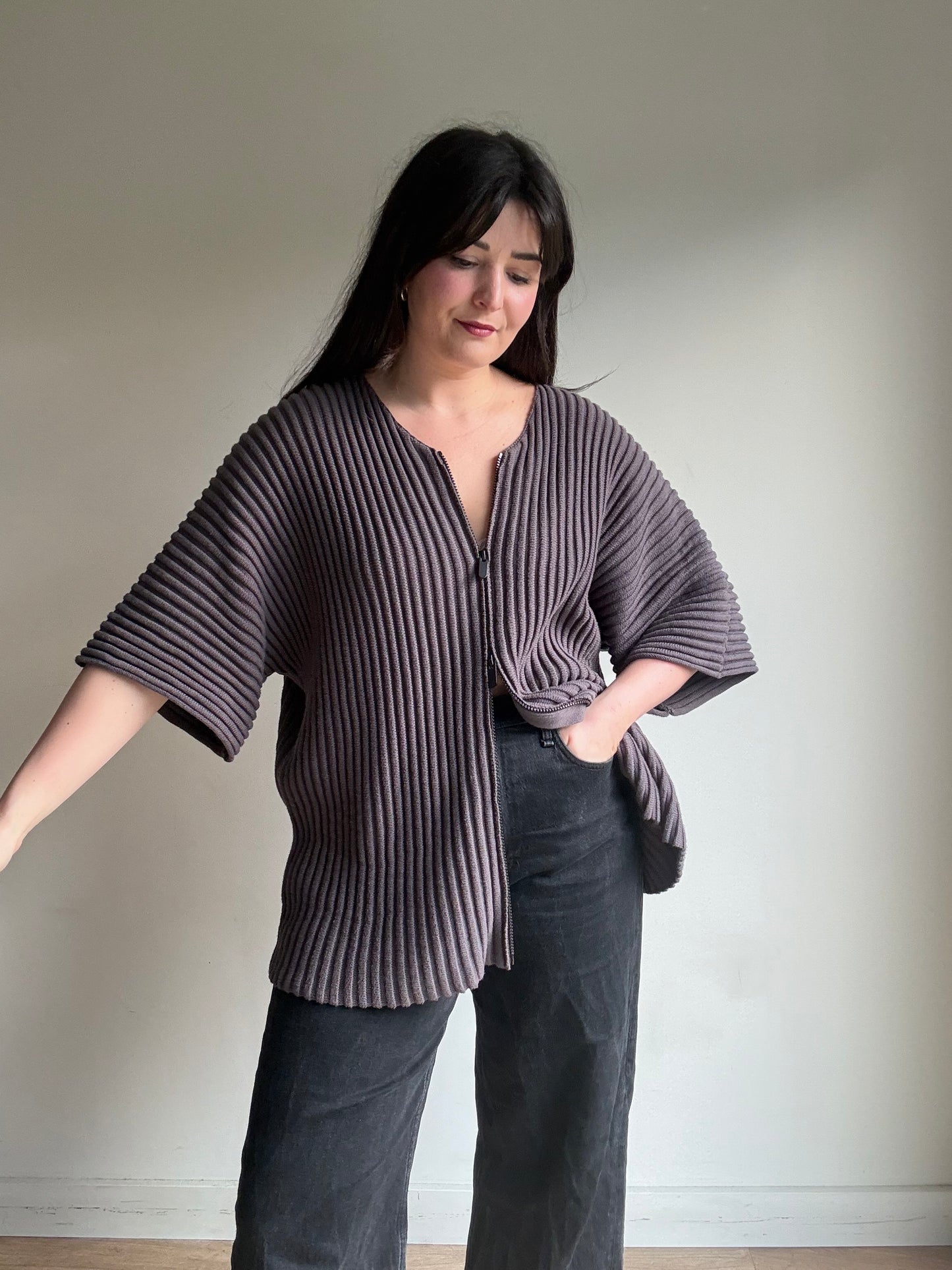 Seventh Rib Knit Zip-Up Short Sleeve Cardigan, M (oversized)