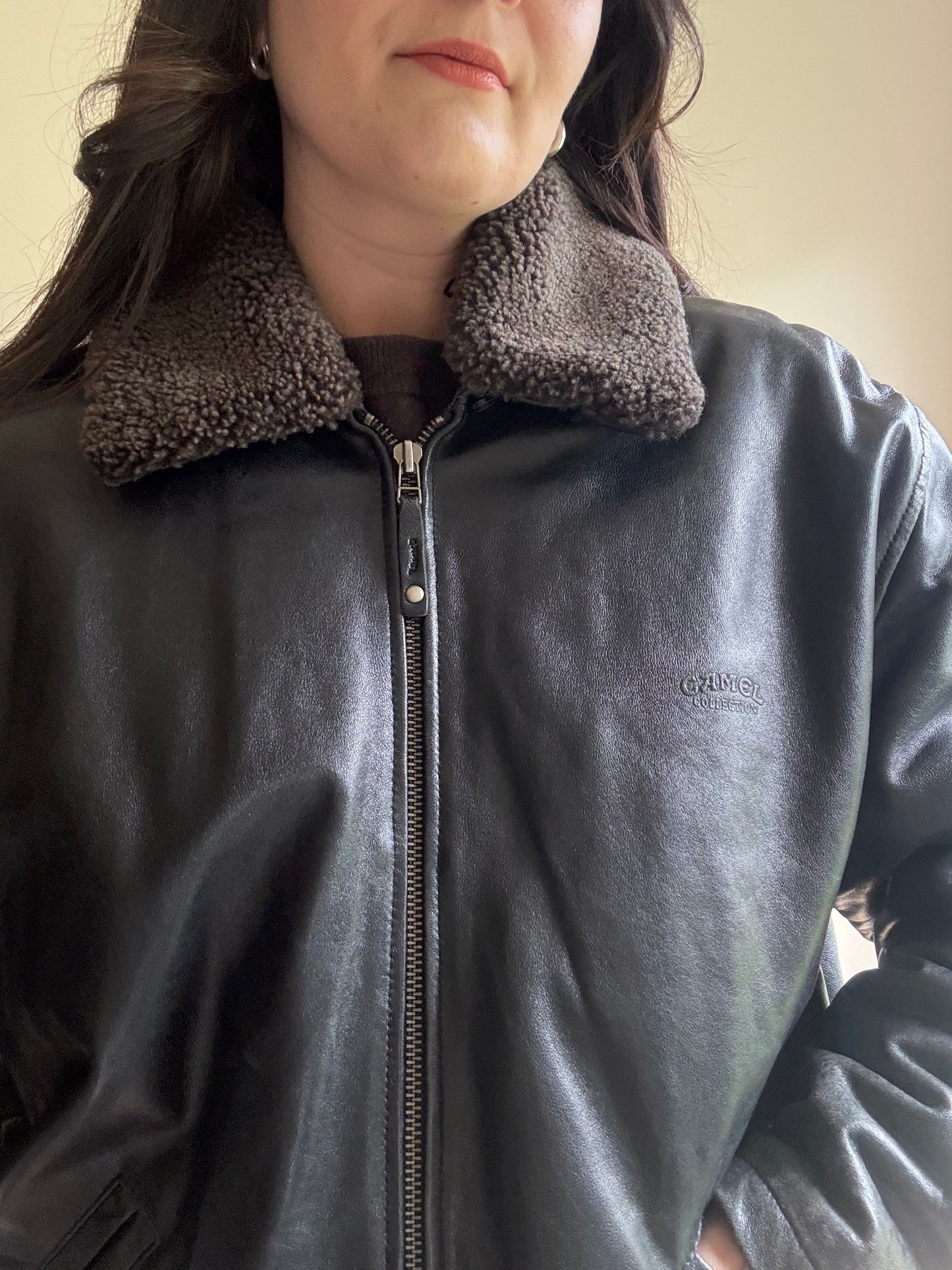 Leather Bomber Jacket with Cosy Collar, L-XL