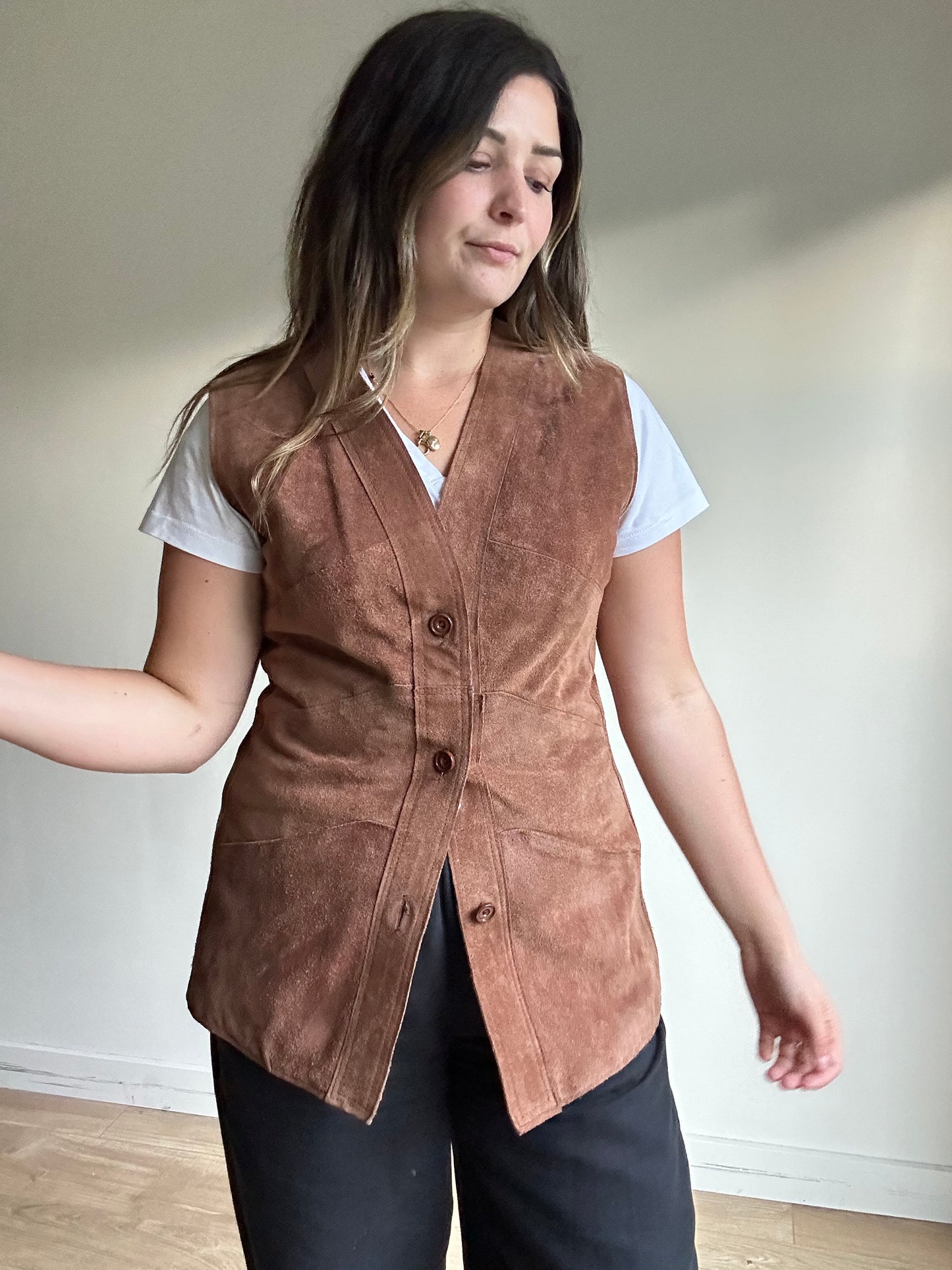 Brown Vintage Genuine Suede Waistcoat, M-L