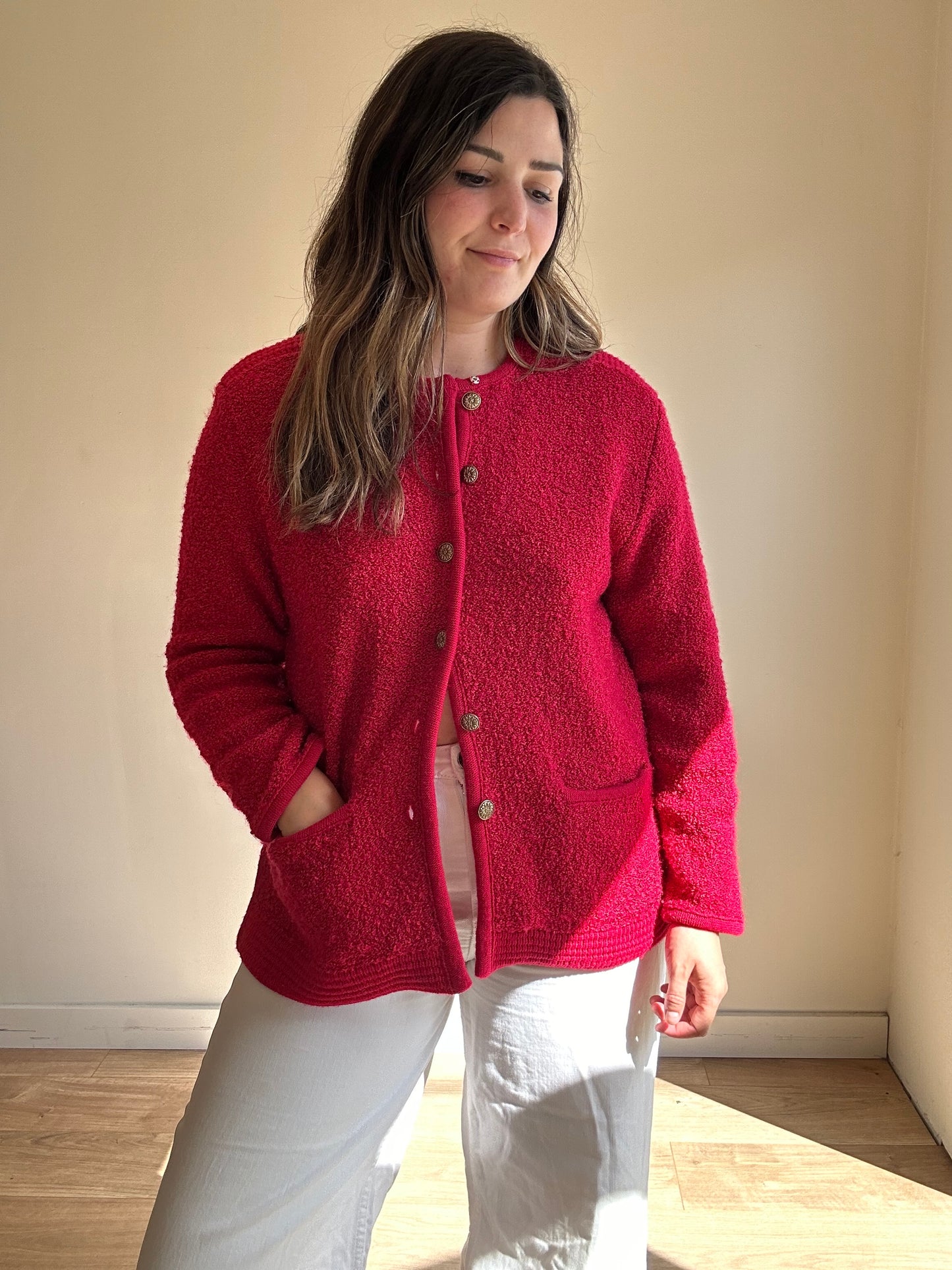 Vintage Red Boucle Cardigan - Size L