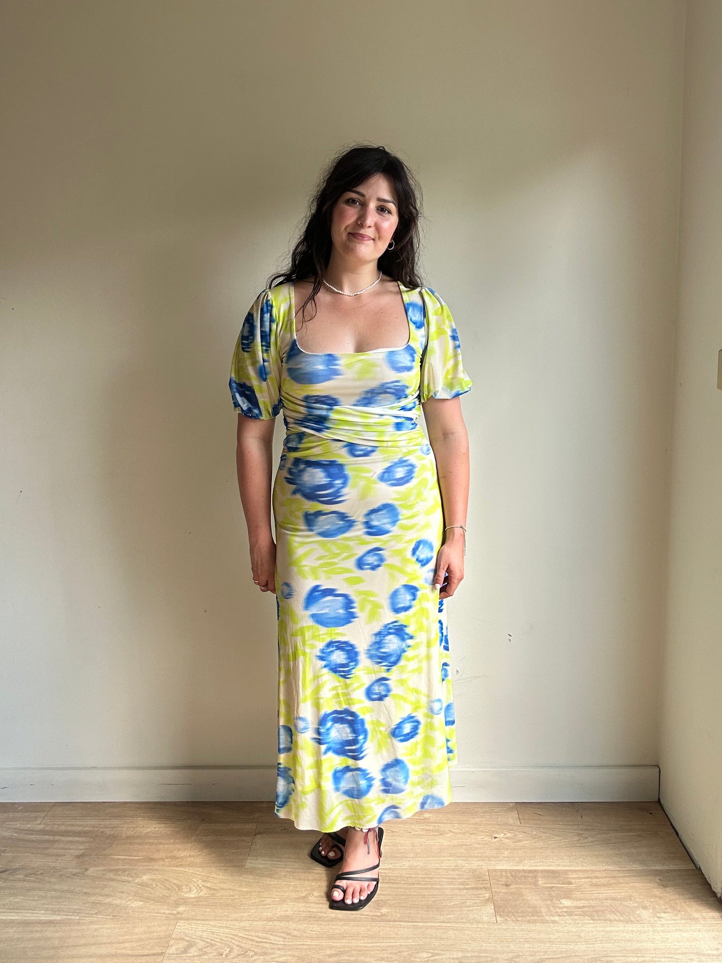 Ganni Ruched Printed Stretch-Mesh Dress, 36