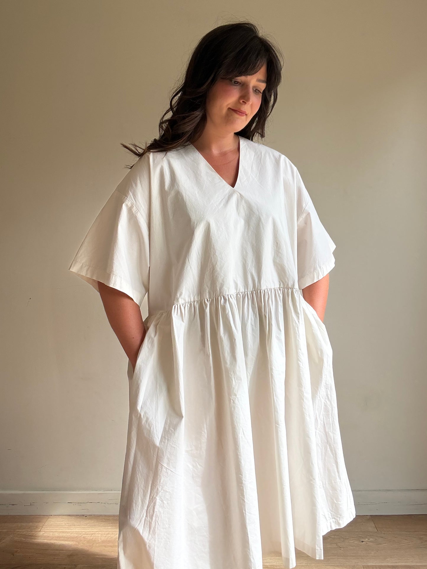 Black Crane V-Neck Wide Cotton Dress, S (oversized)