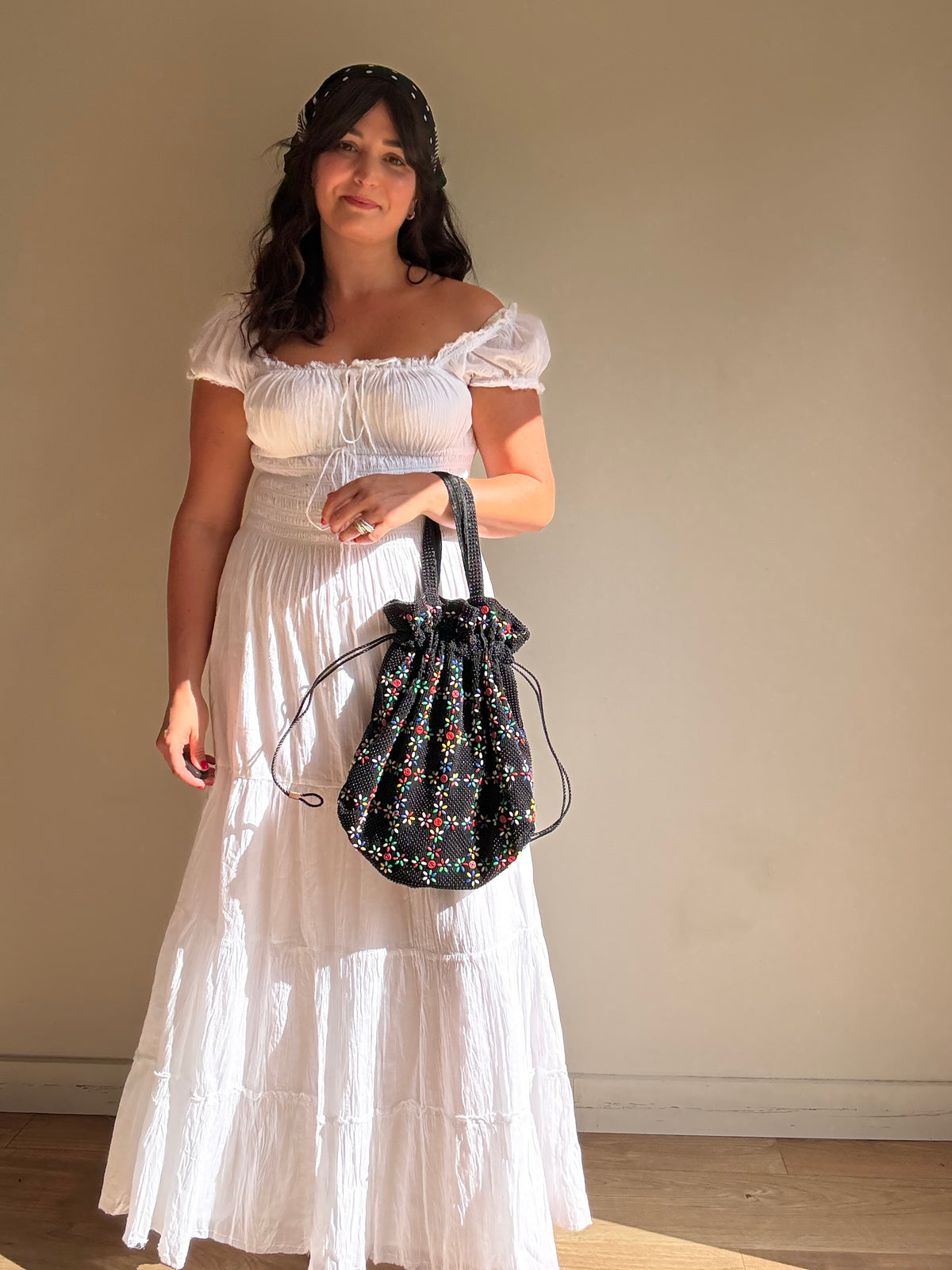 Vintage Beaded Drawstring Tote Bag, O/S