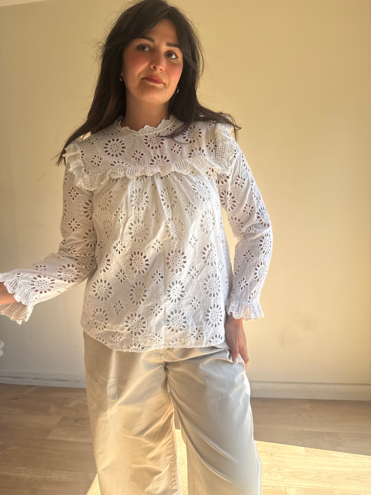 White Zara Cut Out Embroidered Top, M