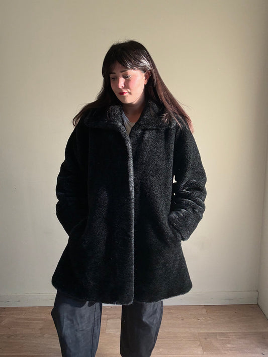 Vintage Black Faux Fur Coat, L/XL