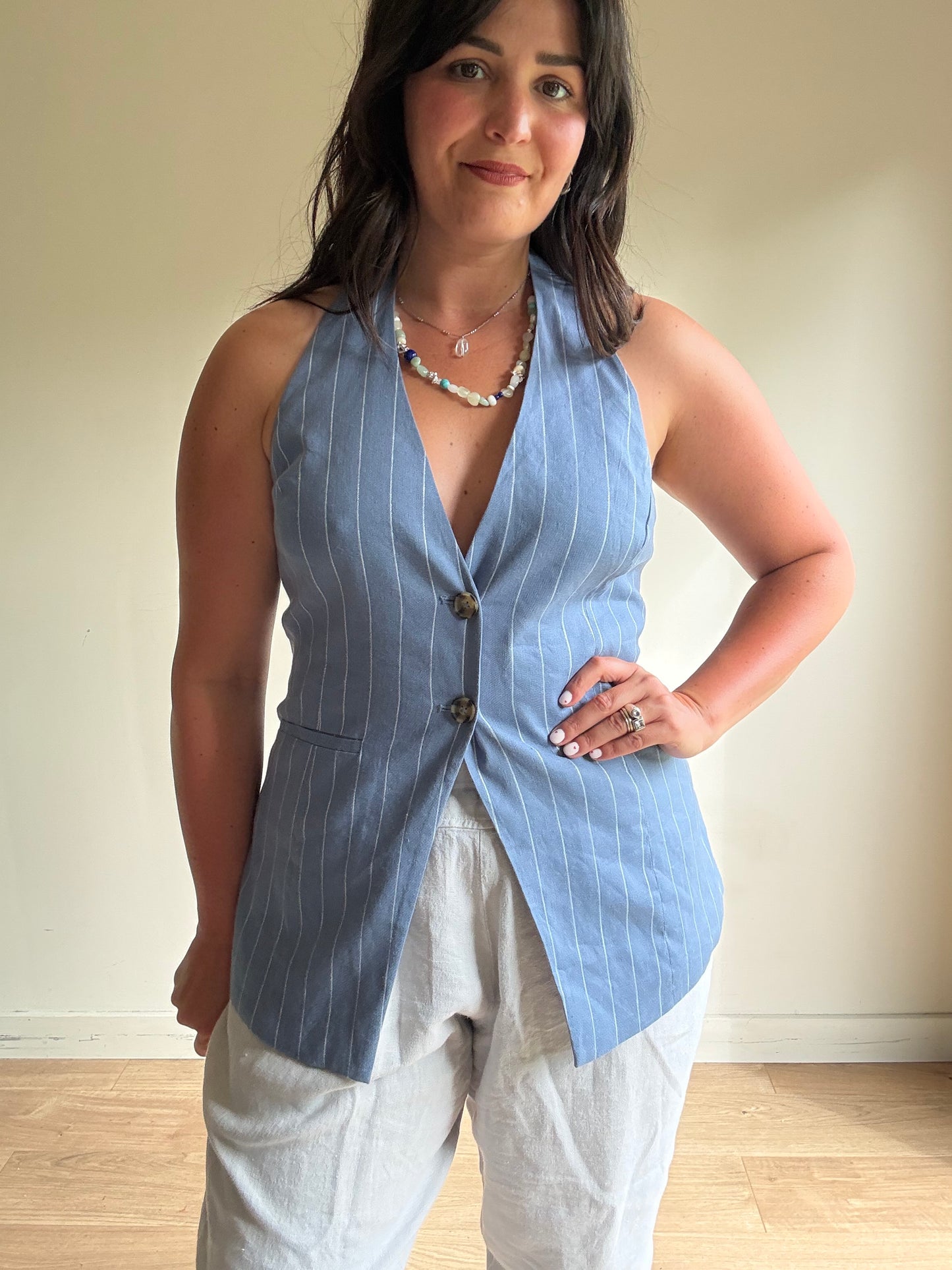 Aligne Pinstripe Halter Linen Waistcoat Top, 12