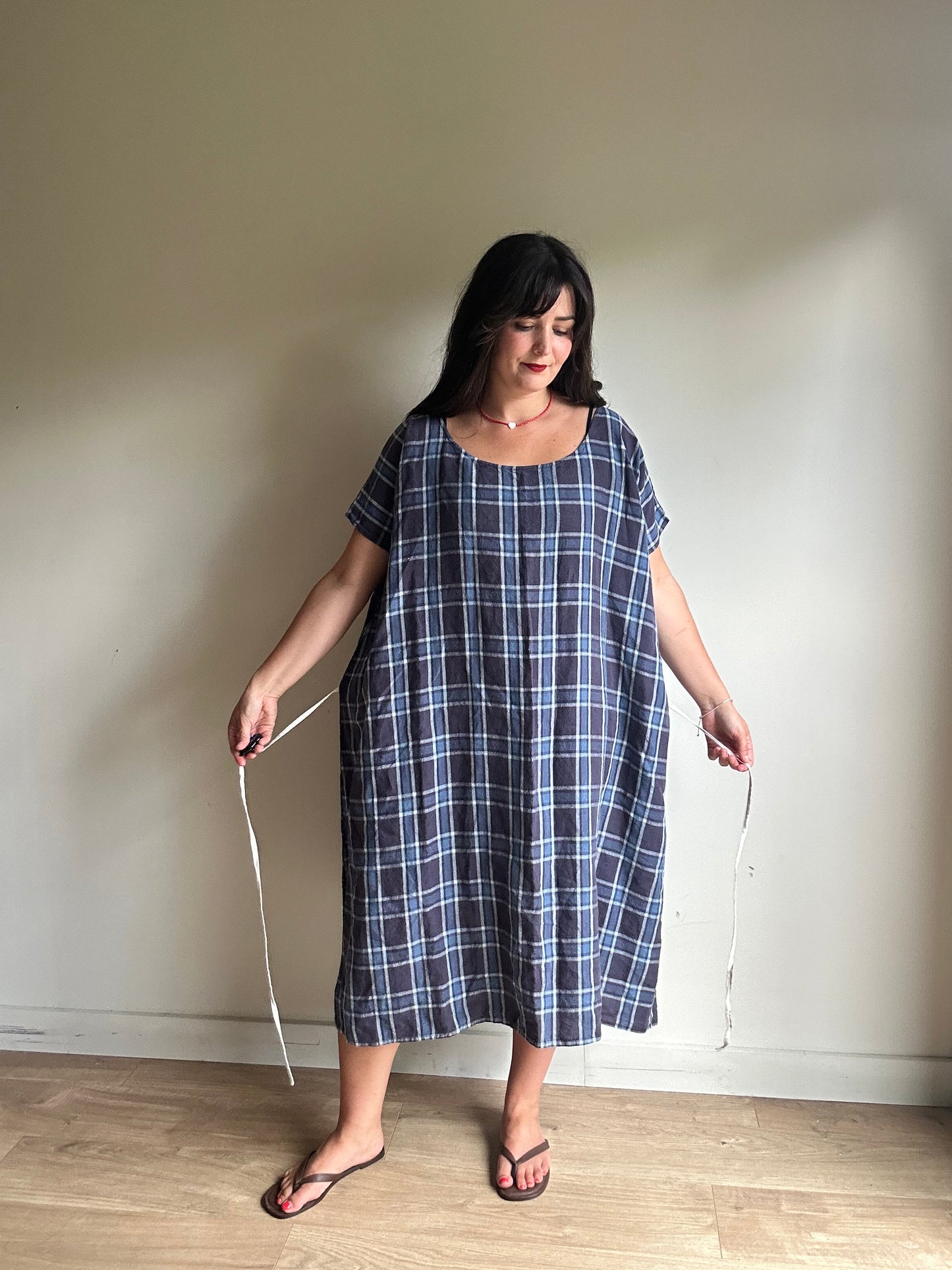 Apuntob Pure Linen Check Dress, L/XL