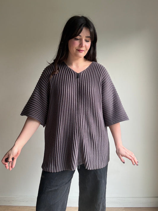 Seventh Rib Knit Zip-Up Short Sleeve Cardigan, M (oversized)