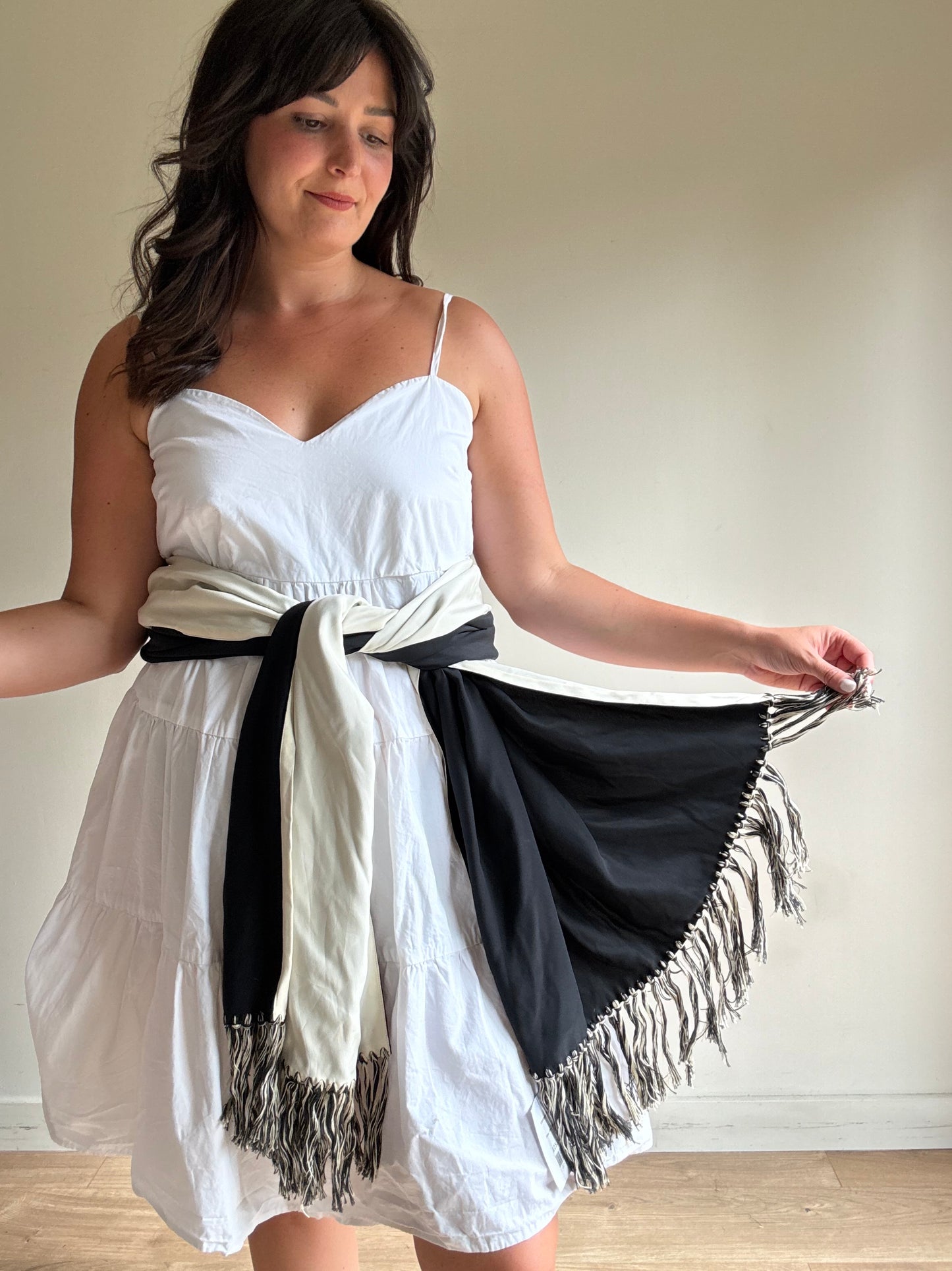 Vintage Silk Two Colour Fringe Scarf, O/S