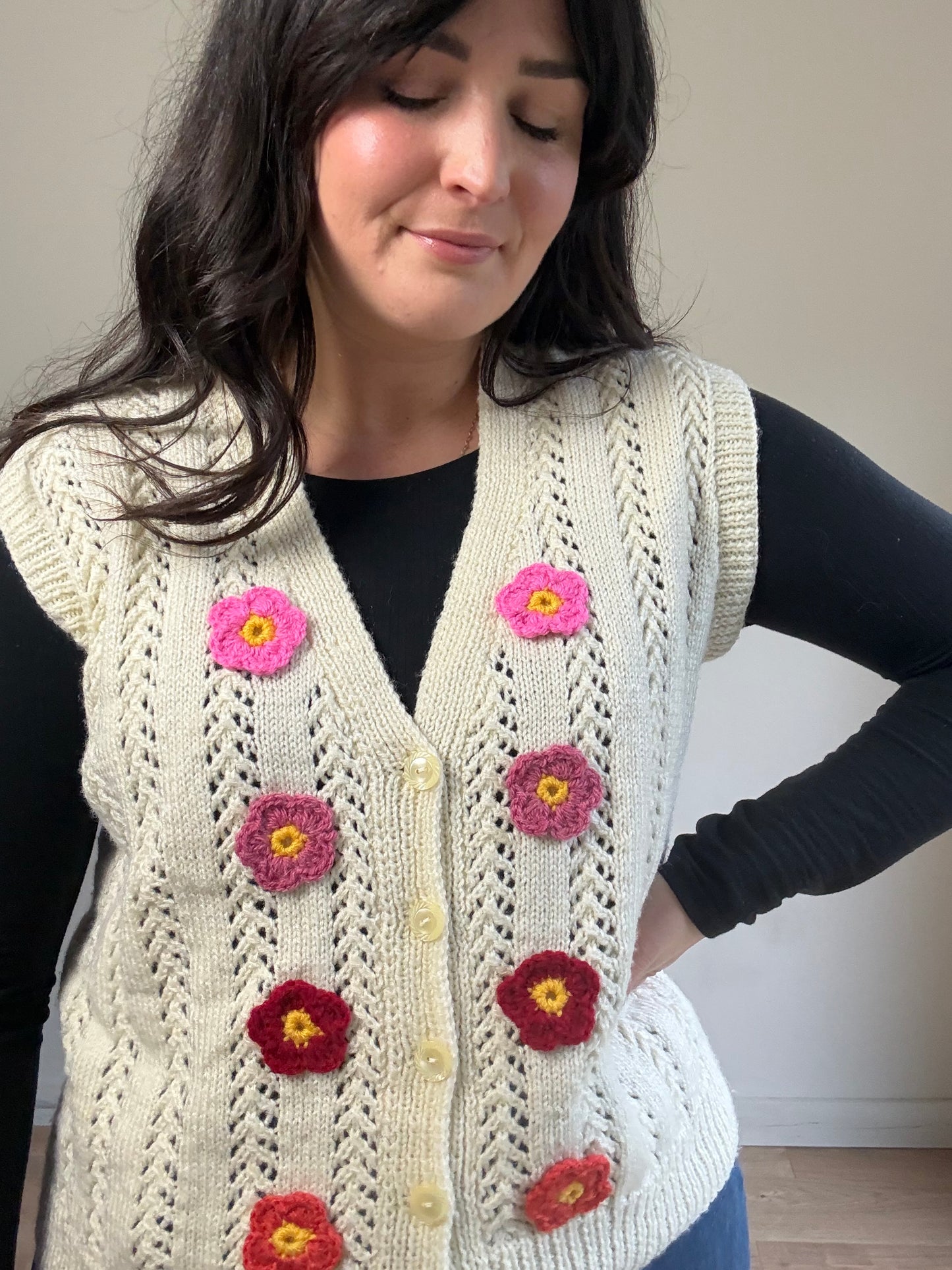 Hand-knit Crochet Flower Vest, L
