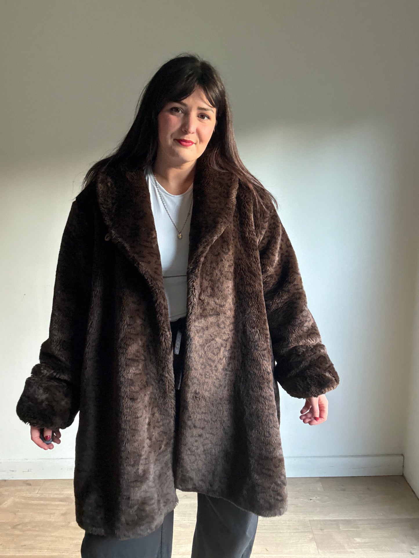 Vintage Leopard Faux Fur Coat, XL
