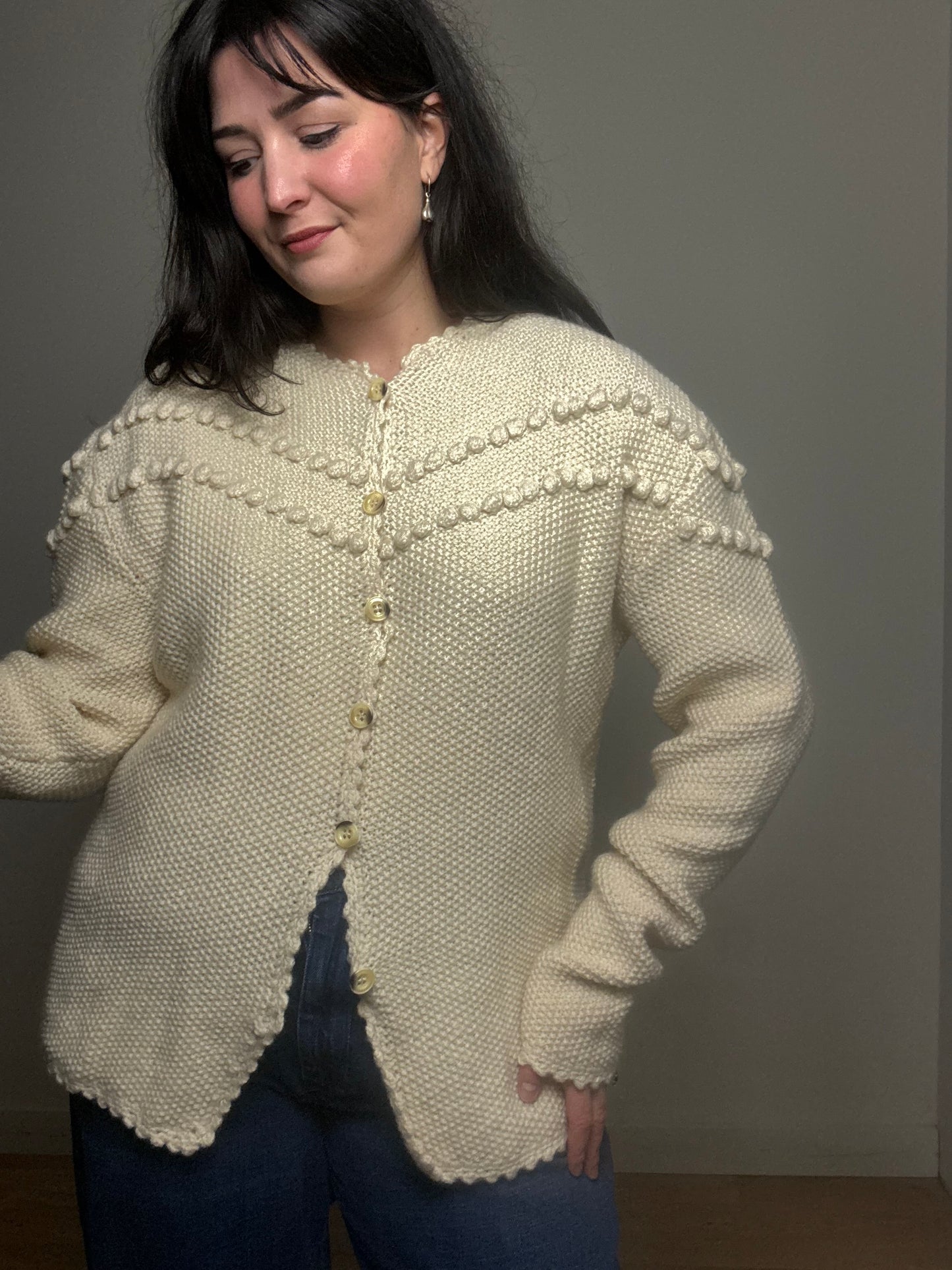 Handmade Popcorn Button Up Cardigan, L