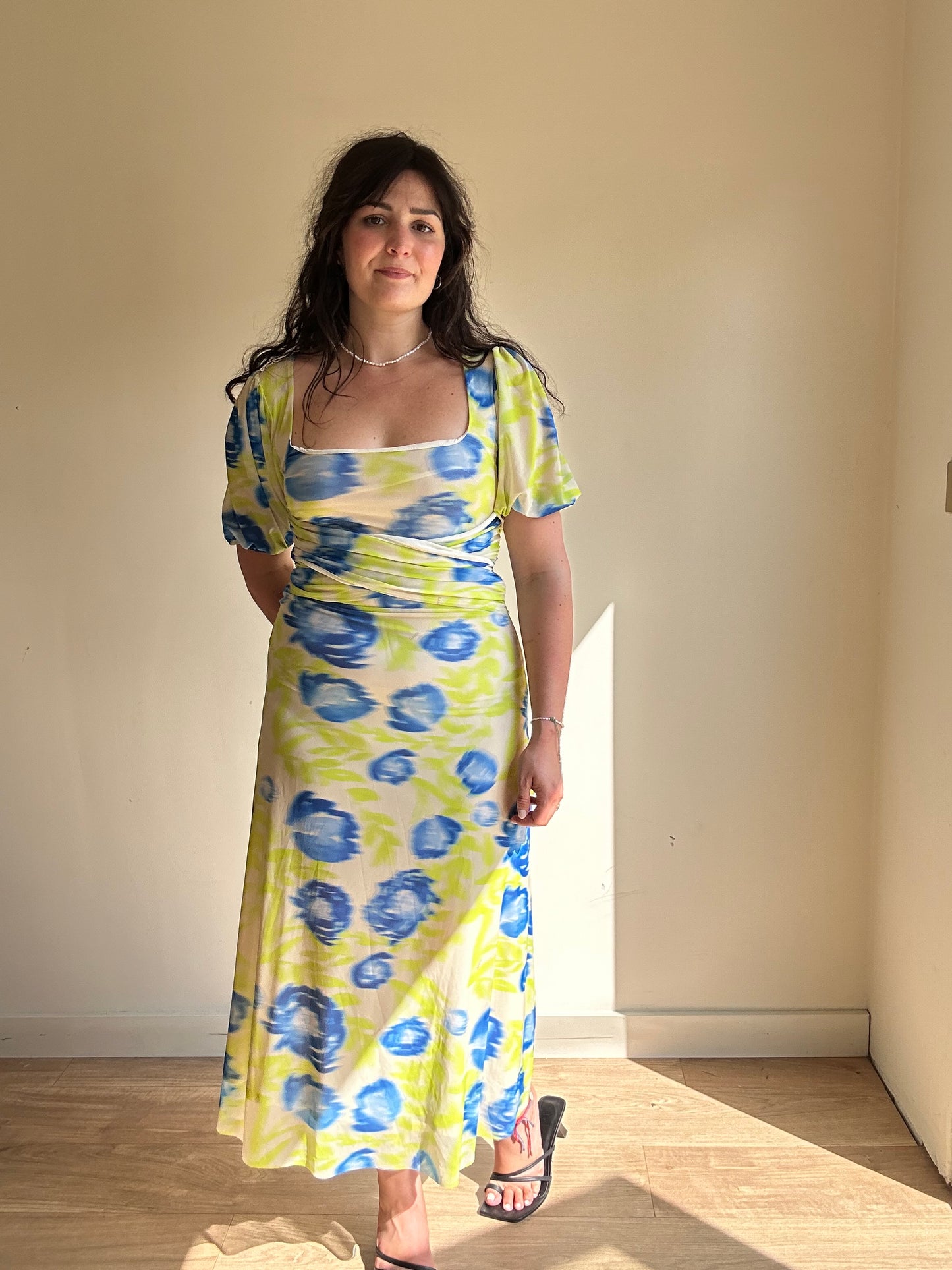 Ganni Ruched Printed Stretch-Mesh Dress, 36