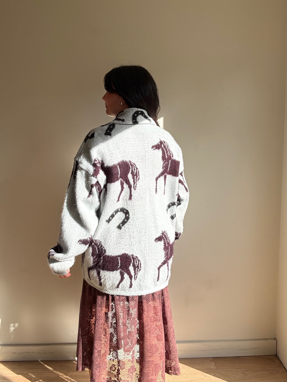 Vintage Horse Print Wool Cardigan, L - XL
