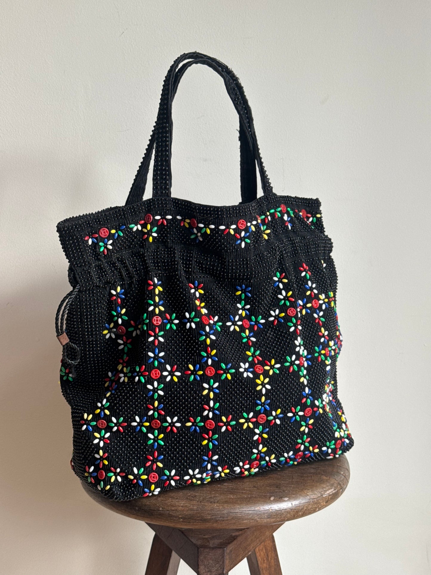 Vintage Beaded Drawstring Tote Bag, O/S