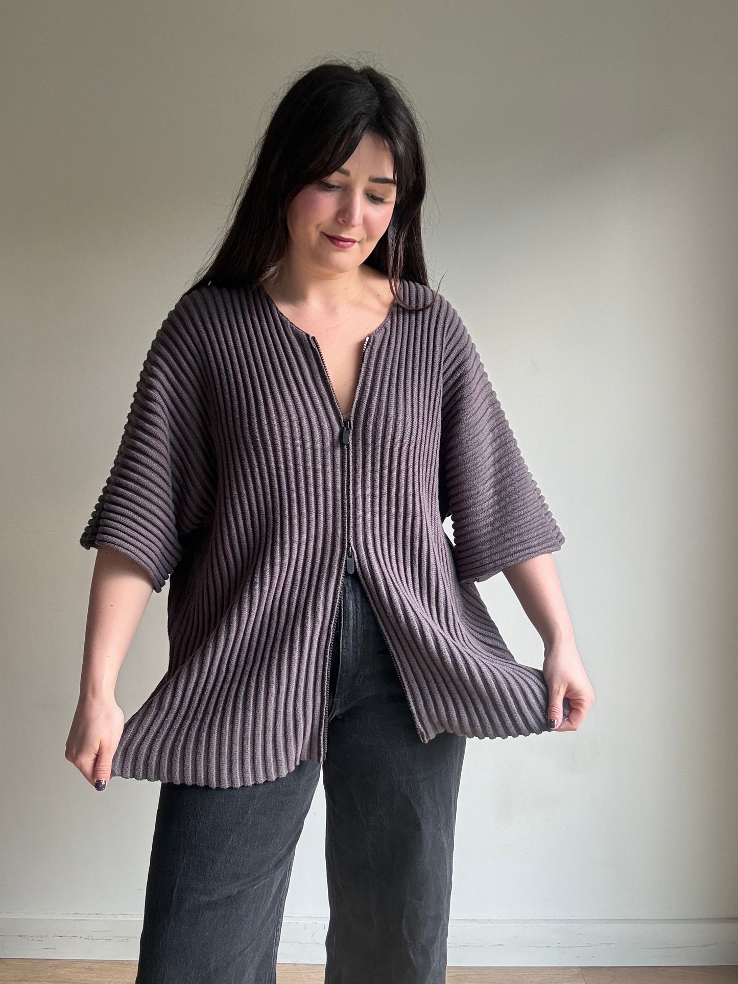 Seventh Rib Knit Zip-Up Short Sleeve Cardigan, M (oversized)