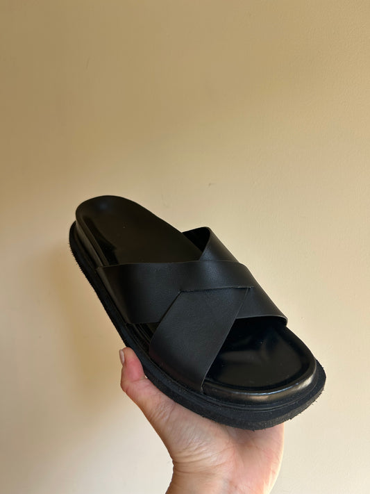 Black Zara Faux Leather Sliders, 38