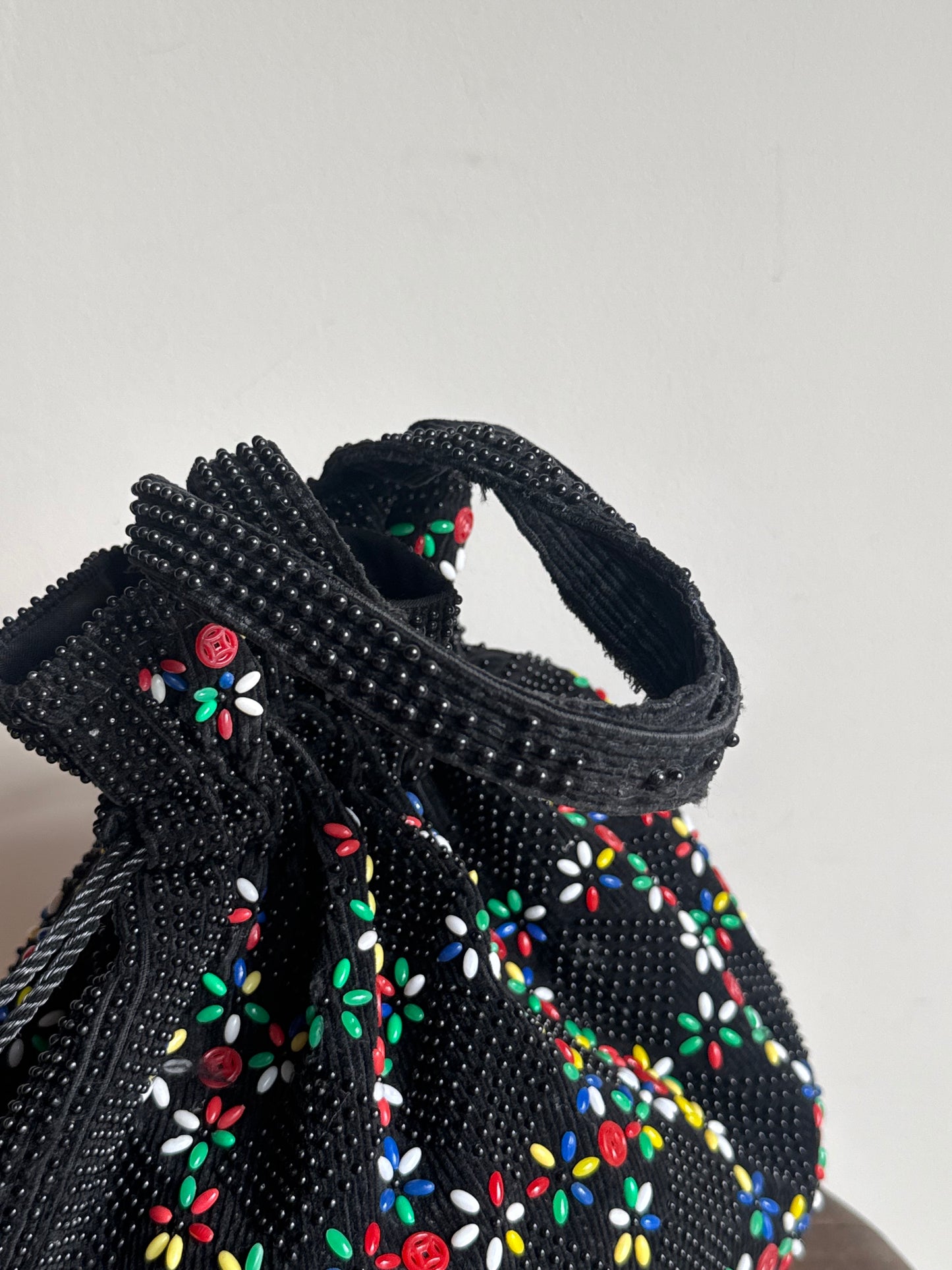 Vintage Beaded Drawstring Tote Bag, O/S