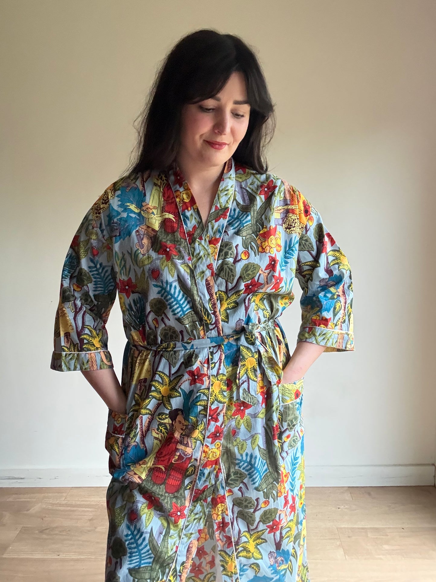 Cotton Printed Frida Kahlo Robe, One Size