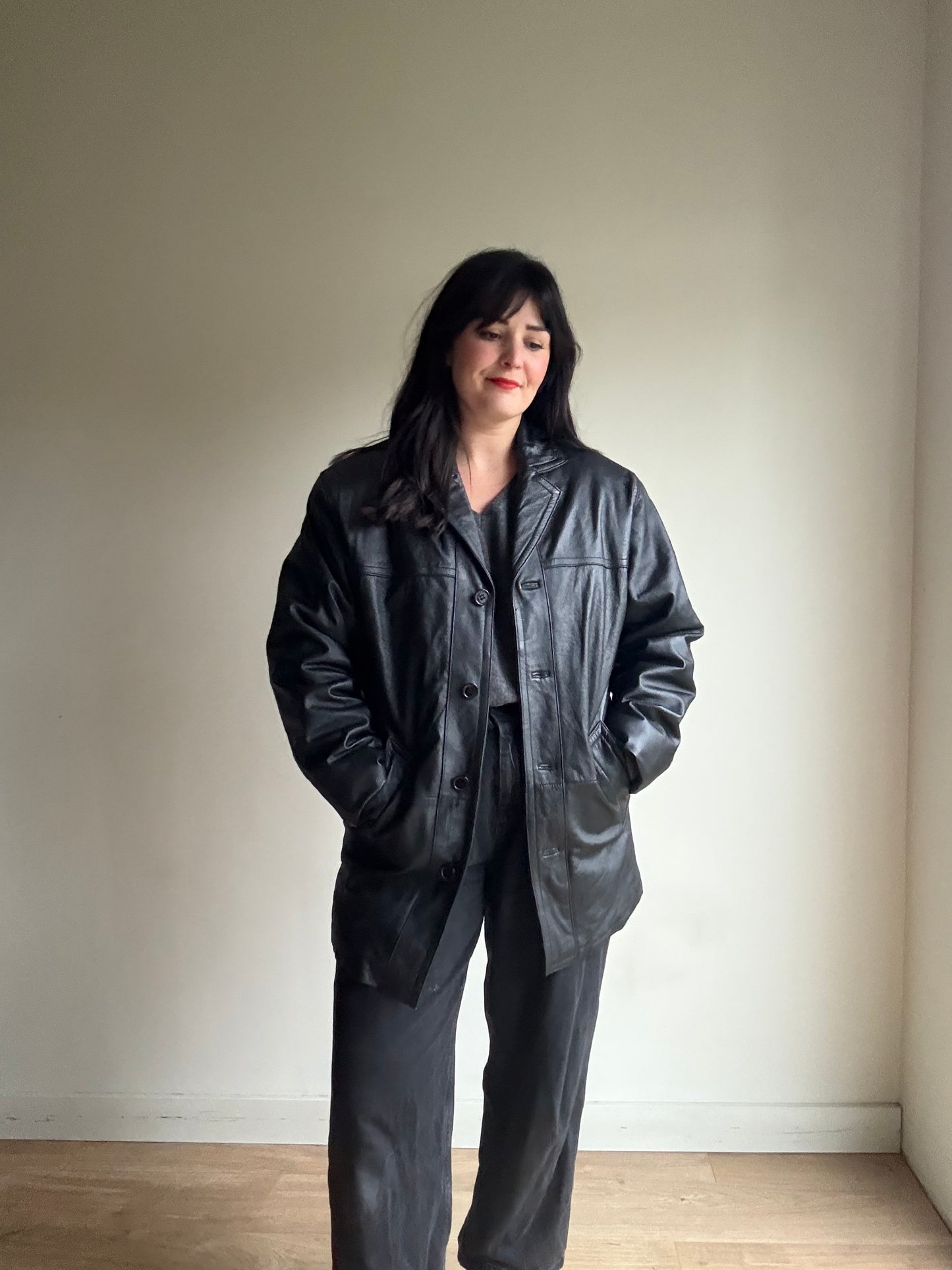 Vintage Leather Longline Padded Jacket, S-M