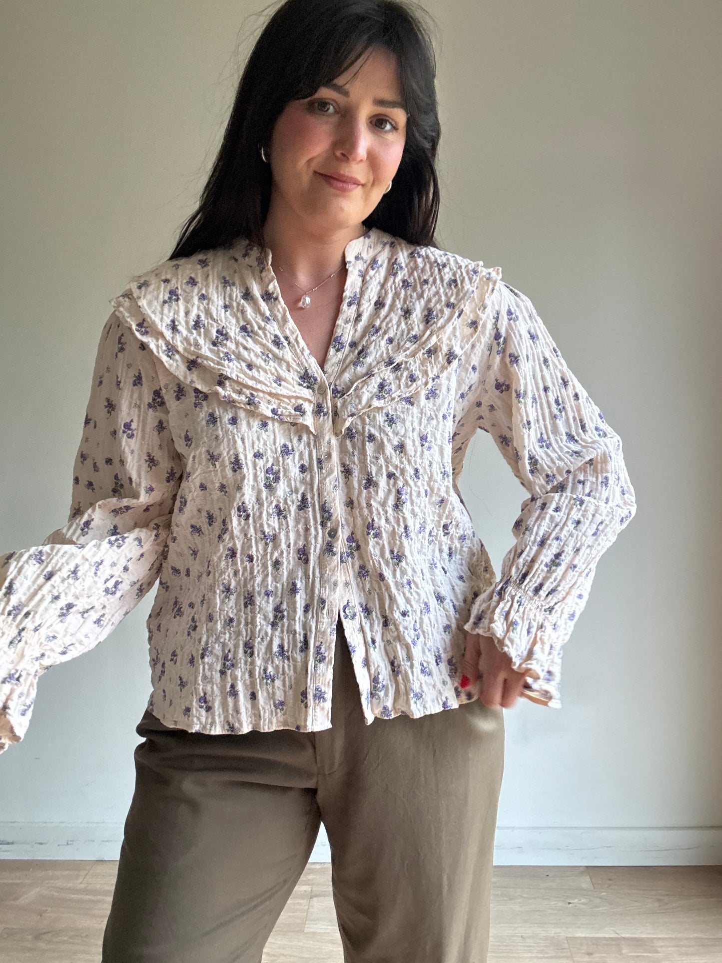 Cream Zara Floral Cotton Collared Blouse, XL