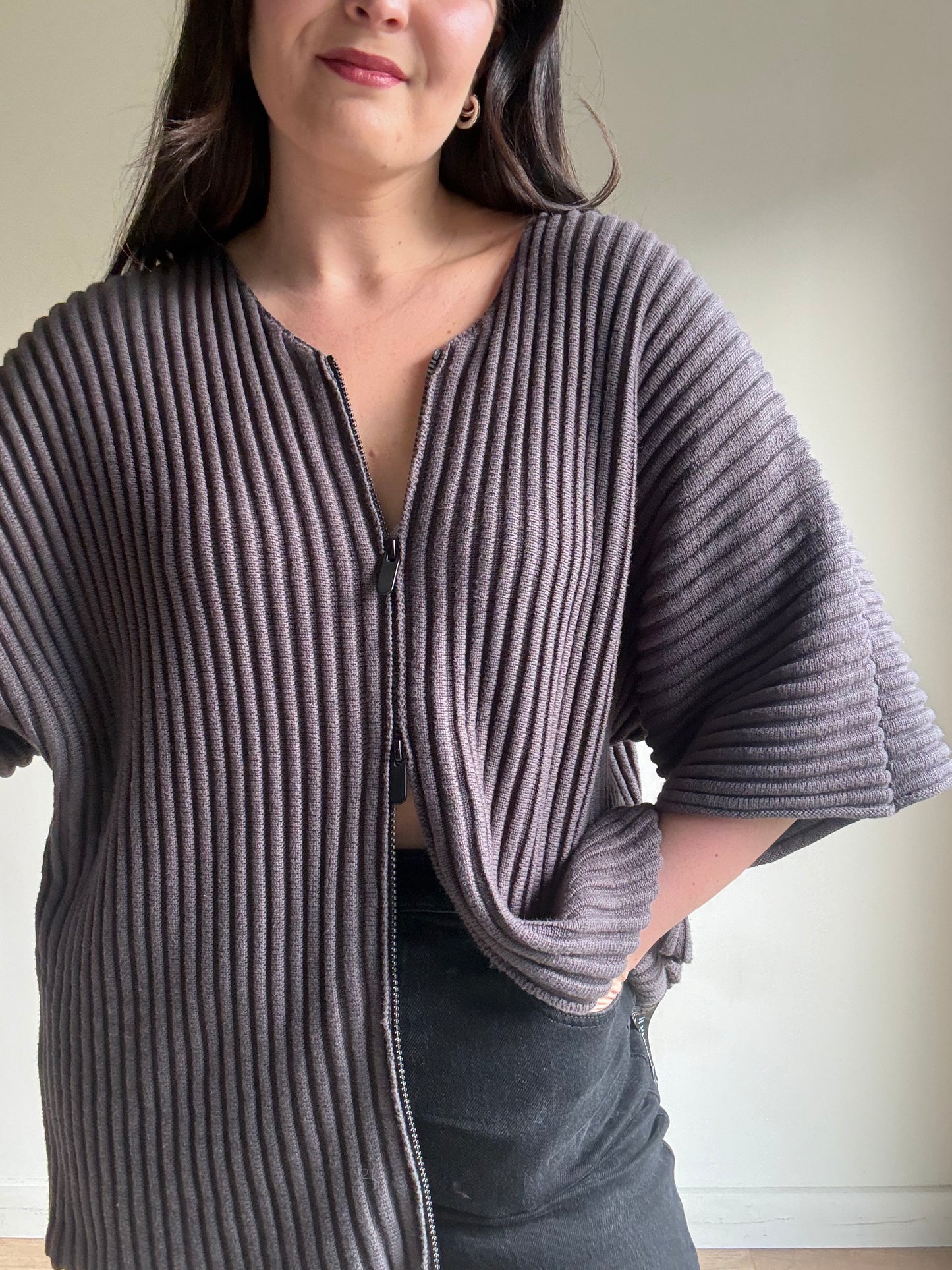 Seventh Rib Knit Zip-Up Short Sleeve Cardigan, M (oversized)