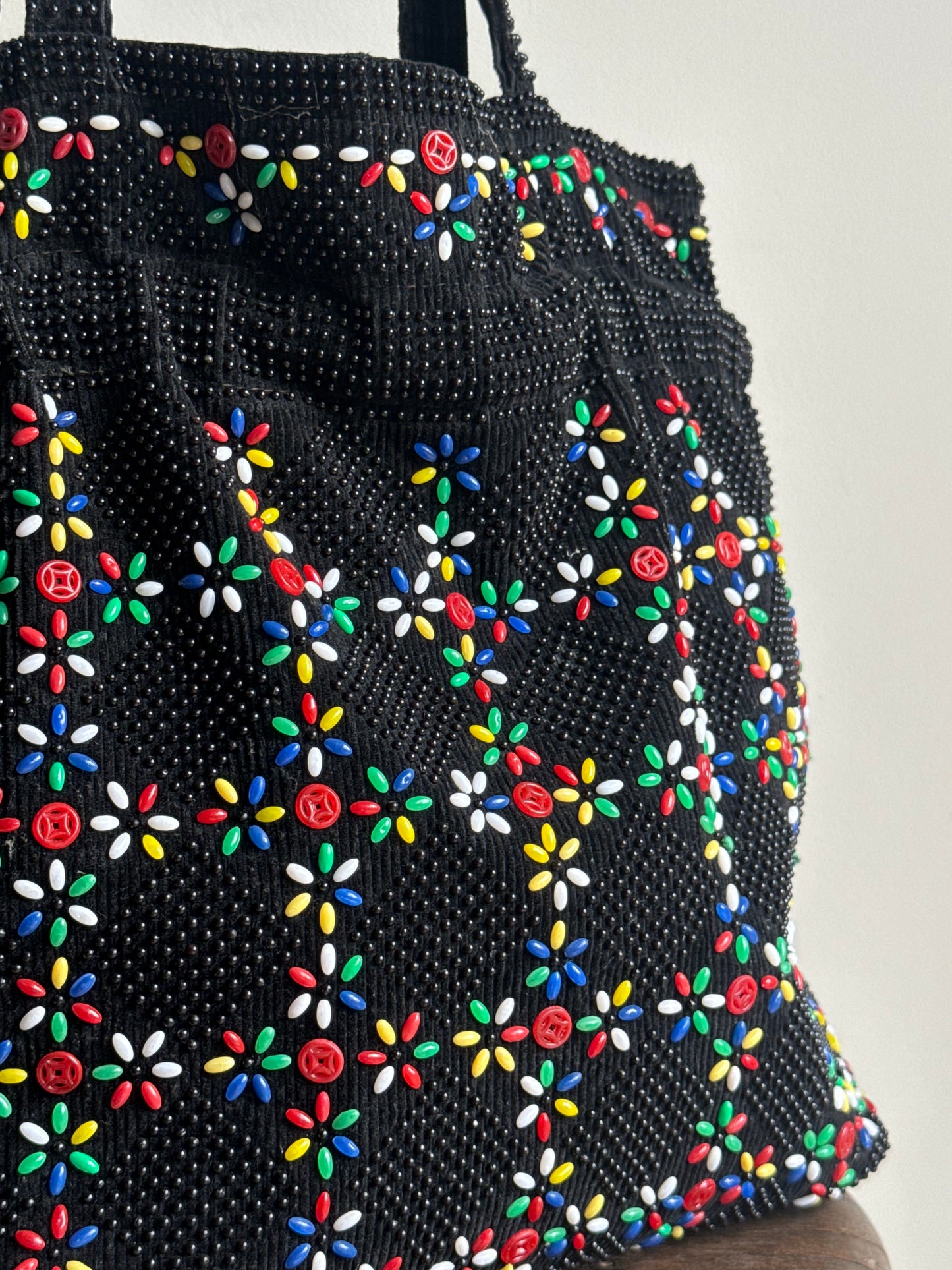 Vintage Beaded Drawstring Tote Bag, O/S