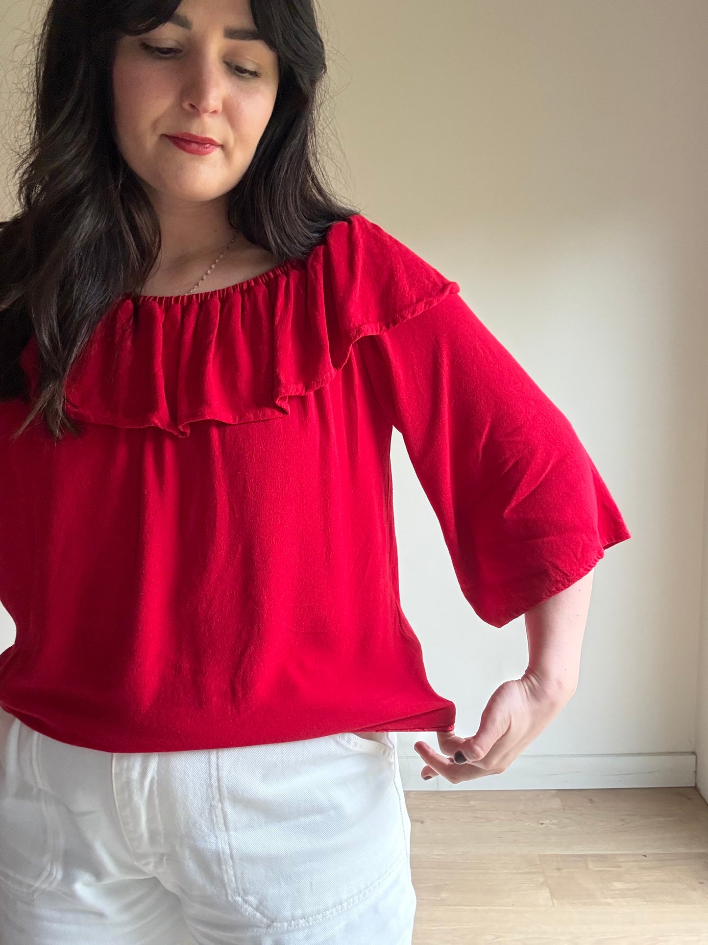 Red Ba&sh Ruffle Bardot Top, 1