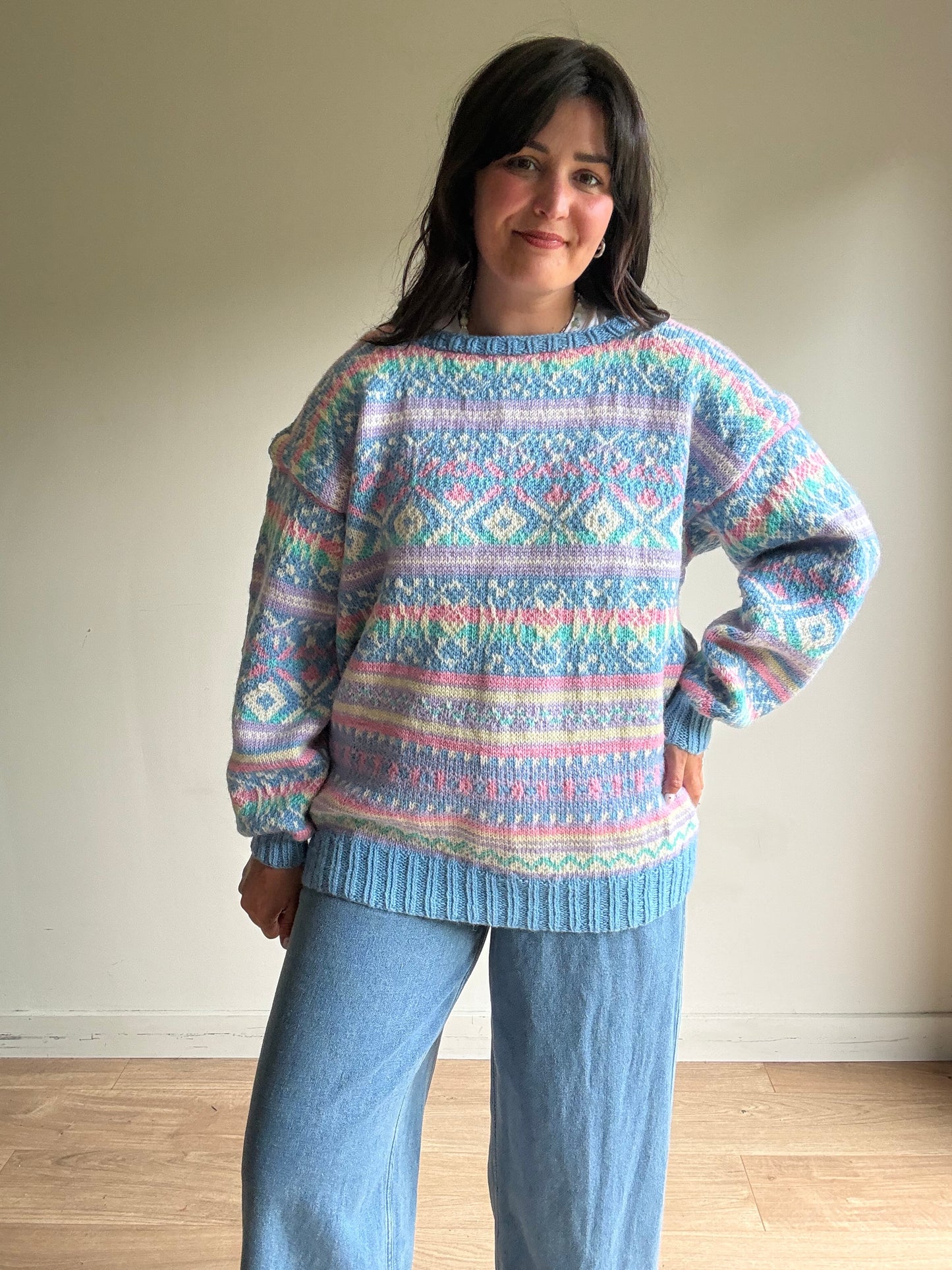 Pastel Handknit Chunky Patterned Jumped, XL