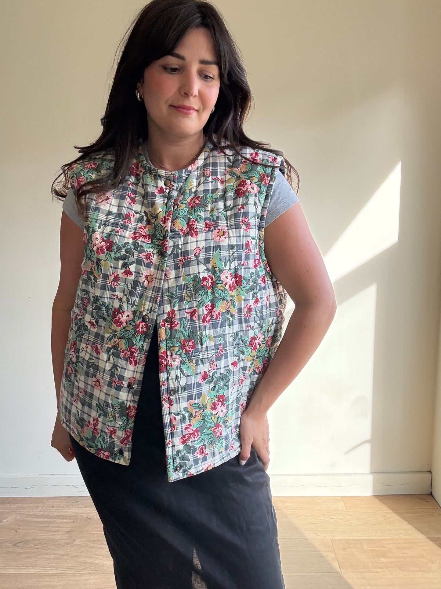 Vintage Floral Quilted Waistcoat Gilet, XL