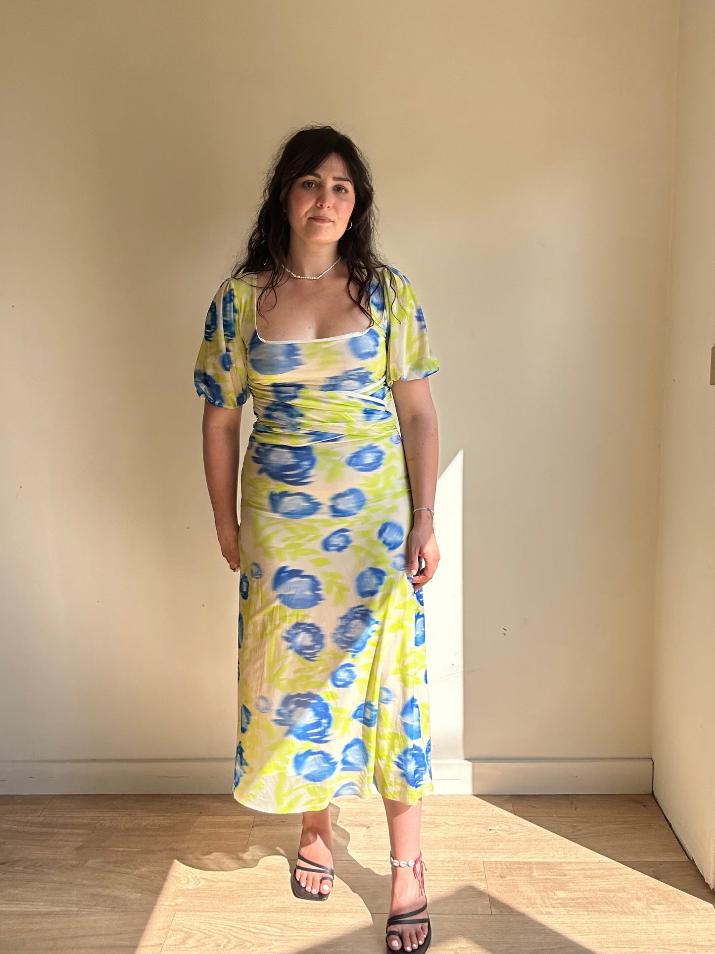 Ganni Ruched Printed Stretch-Mesh Dress, 36