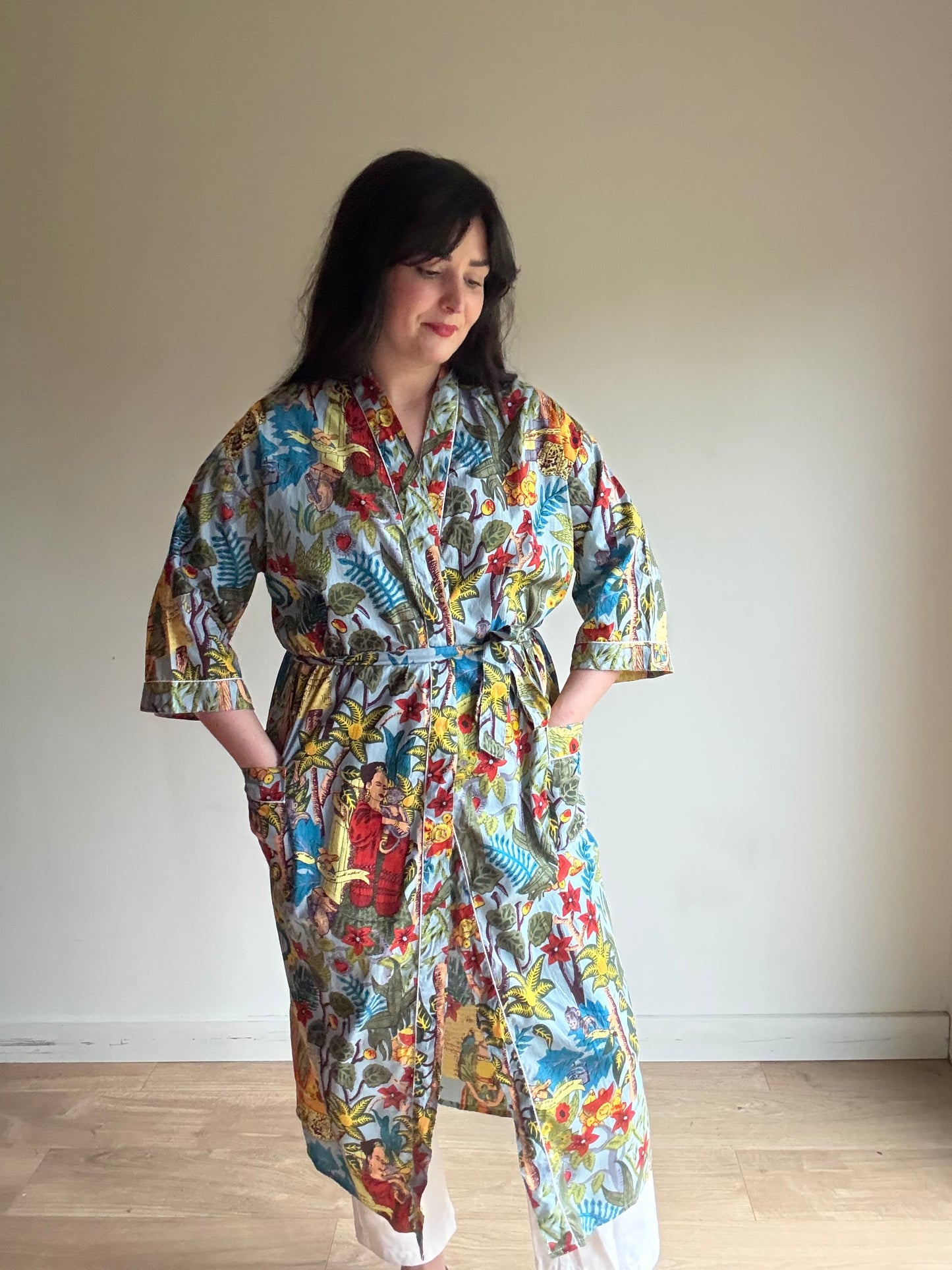 Cotton Printed Frida Kahlo Robe, One Size