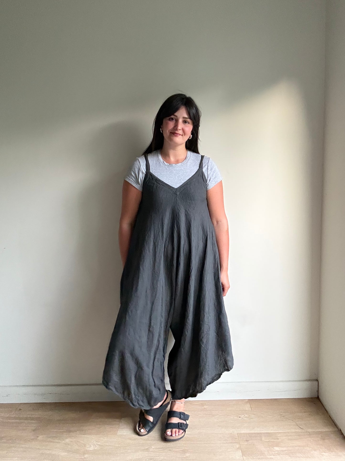 Grey Linen Wide Leg Jumpsuit, One Size