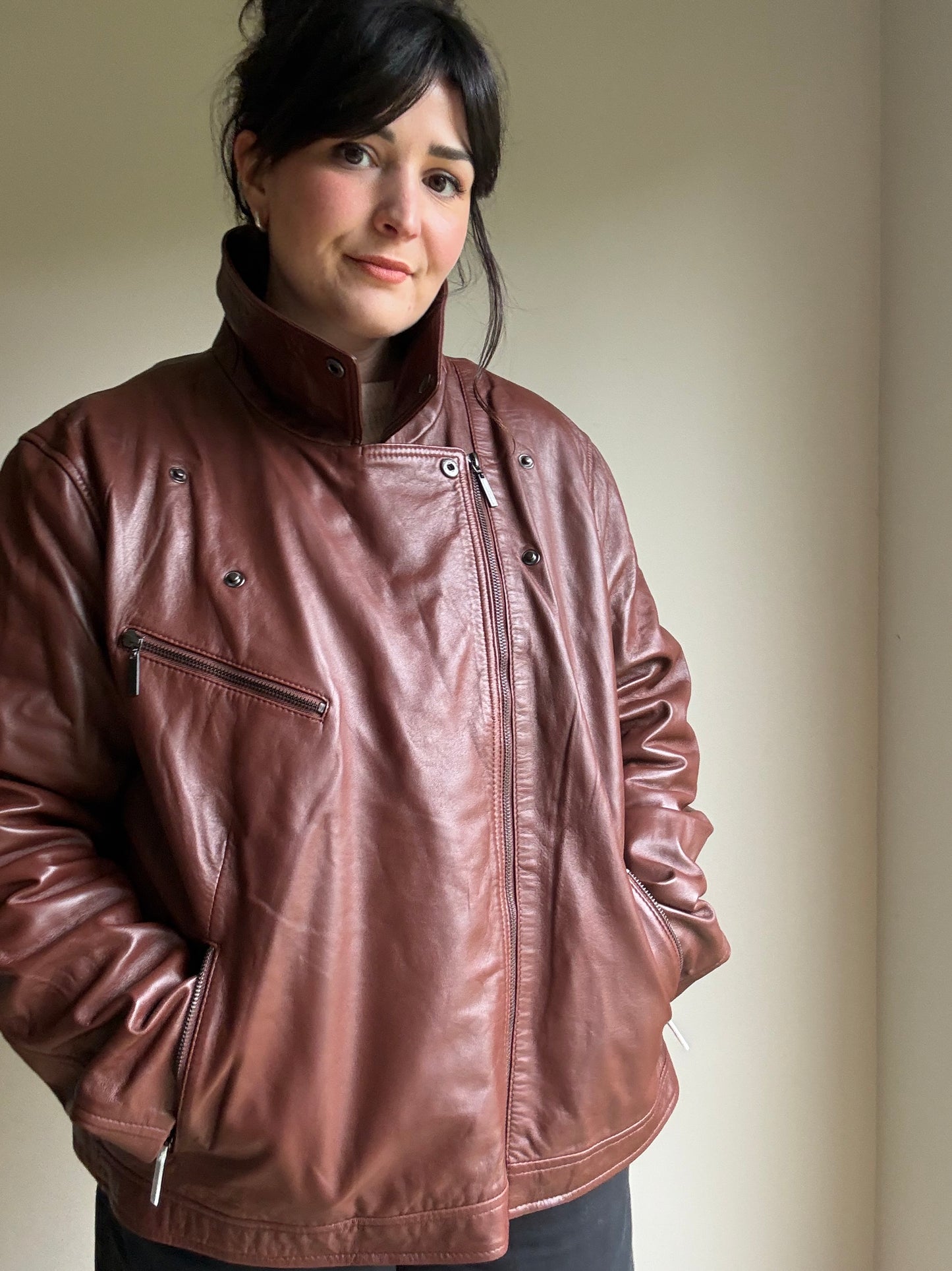 Genuine Leather Biker Bomber Jacket, XL