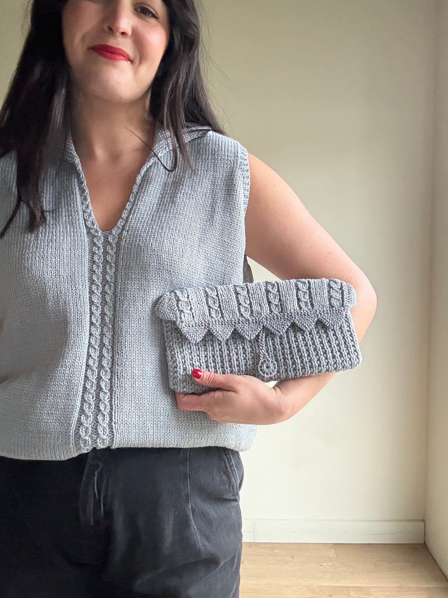 Handknit Silver Knitted Clutch Bag, O/S