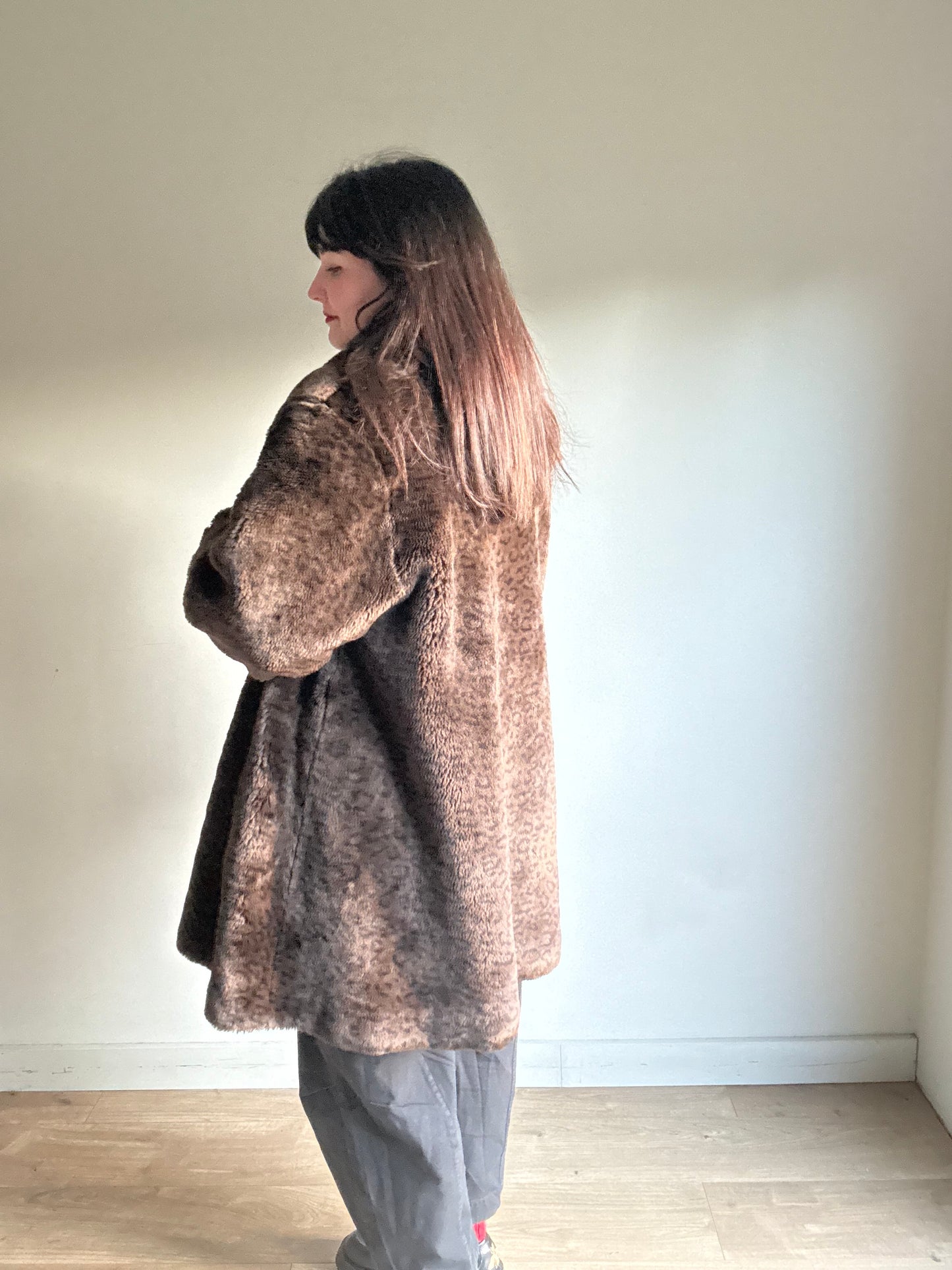 Vintage Leopard Faux Fur Coat, XL