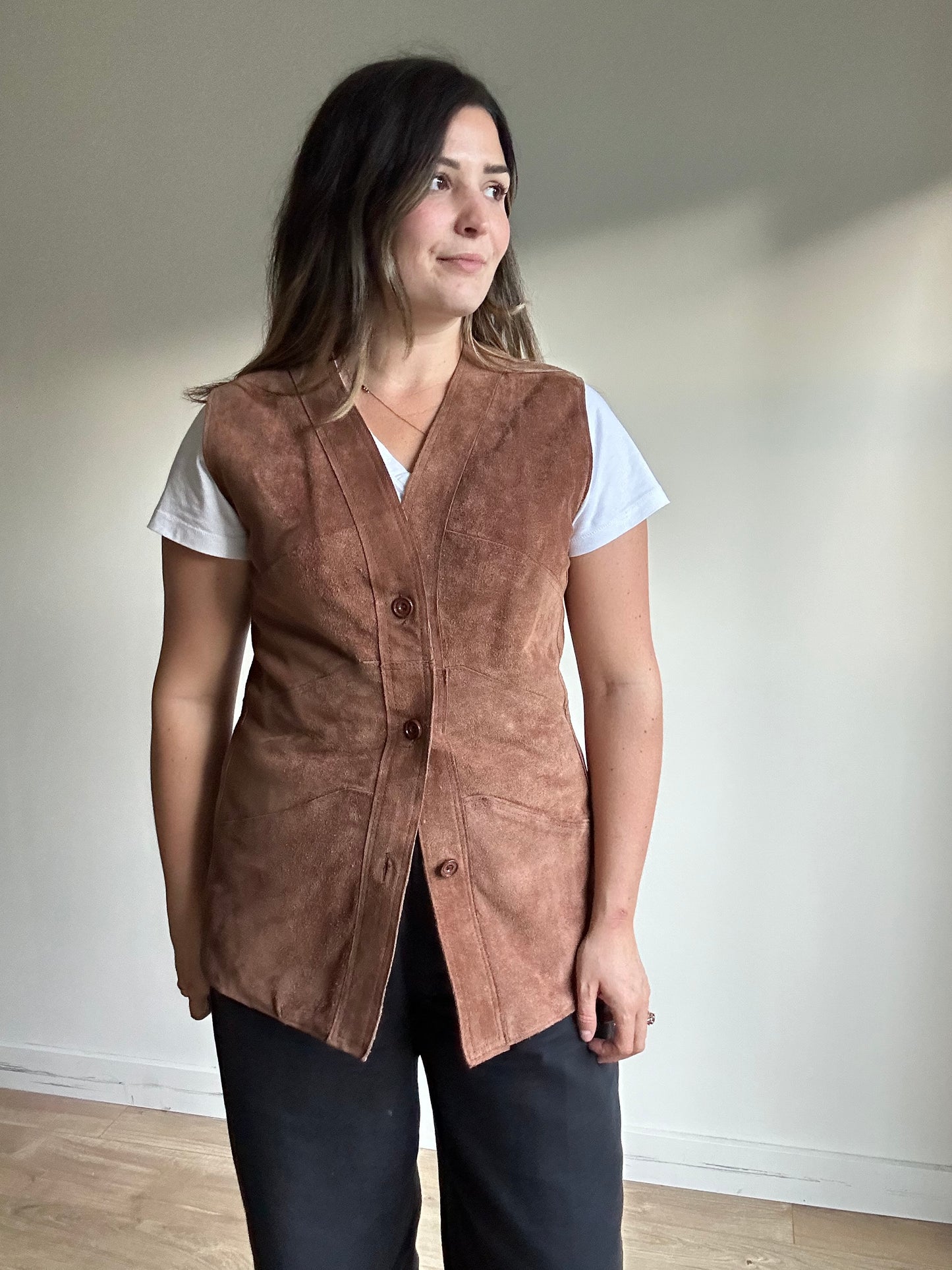 Brown Vintage Genuine Suede Waistcoat, M-L