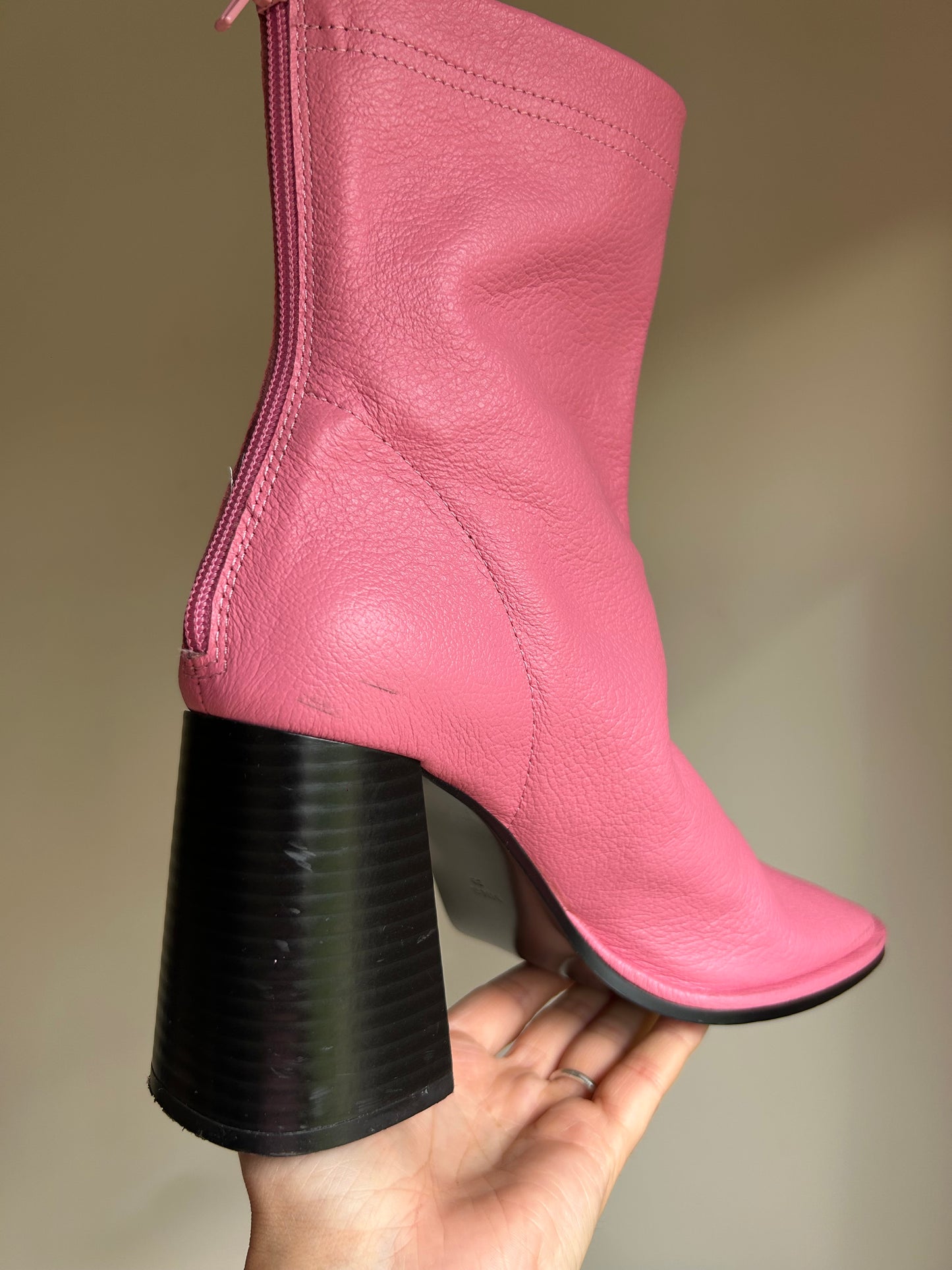 Pink Mango Grained Leather Block Heel Boot, 39